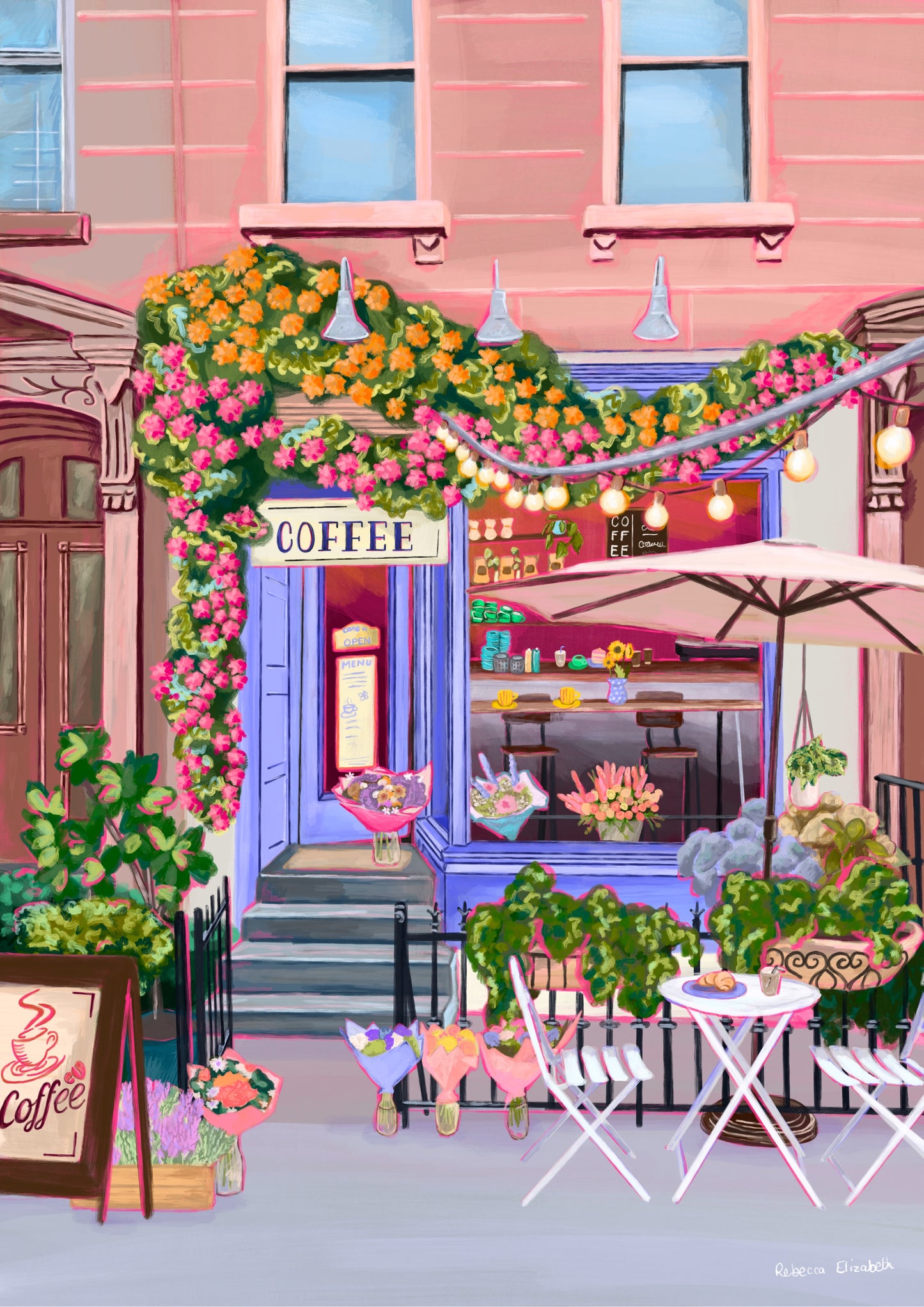 A coffee shop illustration with a blue exterior, an outside table and umbrella and building windows surrounding. This illustration is filled with lots of plants and flowers and features cups of coffee and baked goods. Illustrated by Rebecca Elizabeth Draws.