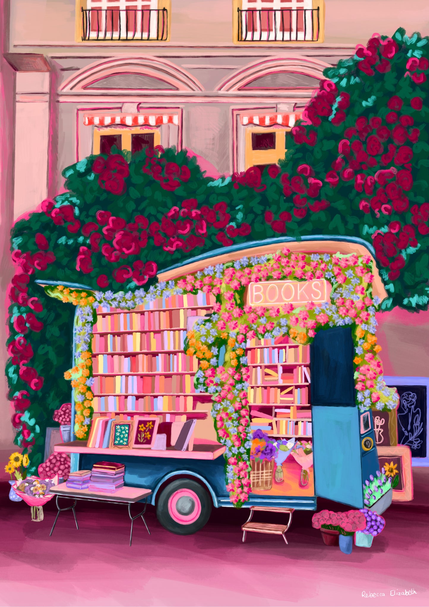 Illustration of a van opened up showing lots of bookshelves stacked with books, art frames out front and lots of blossoming pink, orange and blue flowers over the top. A big tree with pink roses over hangs and behind sits old fashioned buildings with quaint architecture and balconies. A whimsical fantasy print.