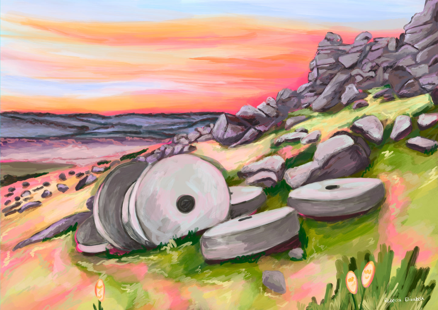 Colourful illustration of the millstones at Stanage edge in the peak district. With lots of pinks, greens and greys and a sunset sky. Designed by Rebecca Elizabeth Draws.