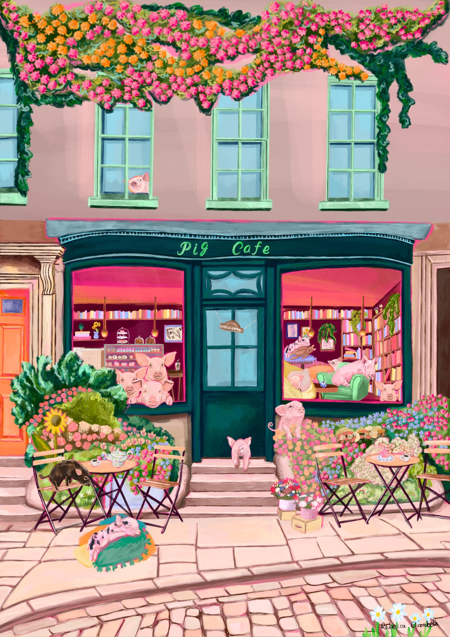 A colourful pig café illustration inspired by mipig in Japan. A shop front full of big pigs and little pigs, bookcases & a pastry counter. A classic and whimsical rebecca Elizabeth draws shop front print.