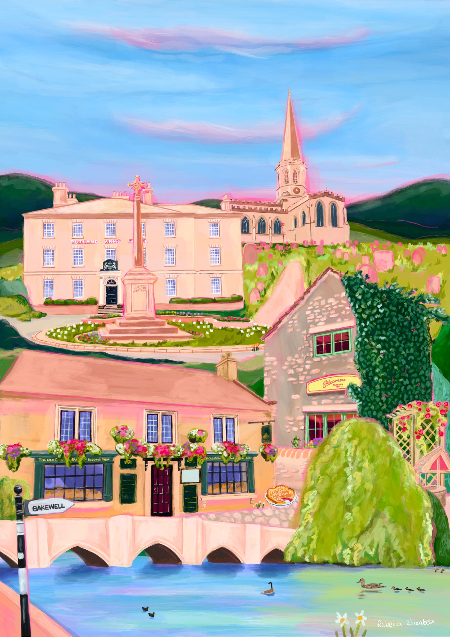 Hand drawn whimsical Bakewell Derbyshire art print with the Bakewell pudding shops, the river Wye, Rutland arms hotel, the church and a few other nods to the cute town. Designed by Rebecca Elizabeth Draws.