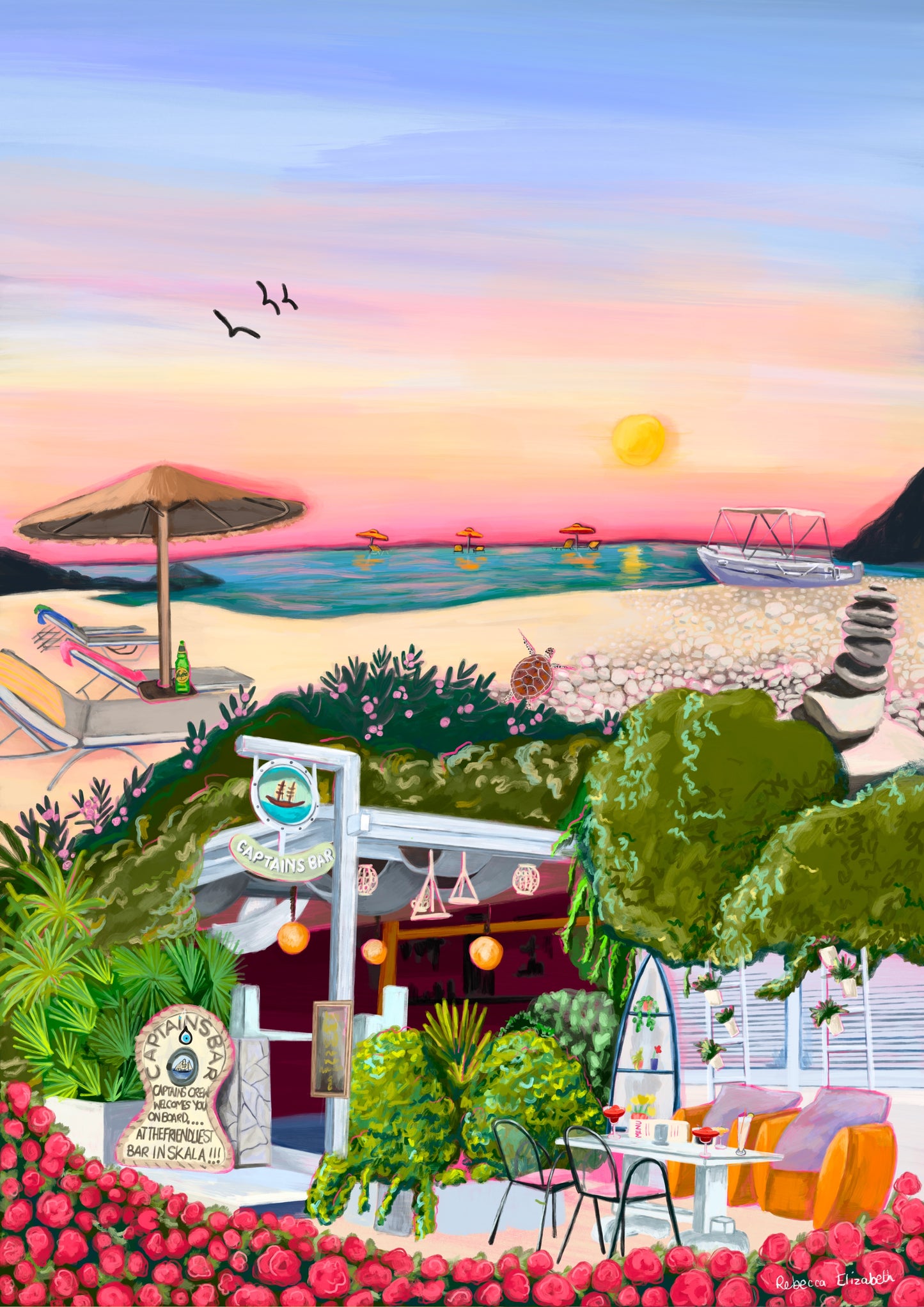 Sunset sky over Skala beaches in Kefalonia. Traditional Greek Island inspired illustration with lots of colour and the iconic captains bar featured at the front. For all the Greece lovers out there, designed by Rebecca Elizabeth Draws.
