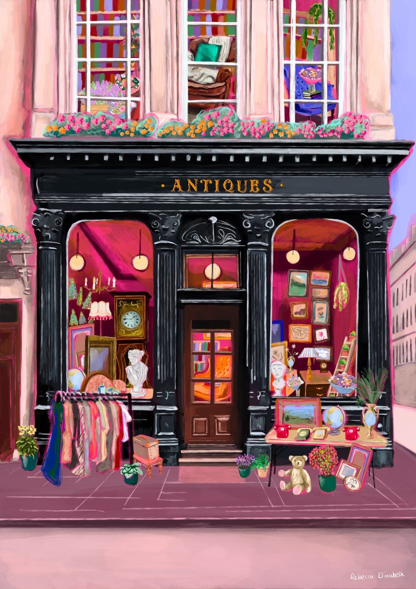 Illustration of a antiques shop front in black with ornate designs, inside is pink and golden with vintage objects such a clocks, statues, picture frames. The illustration gives off dark academia vibes. Designed by Rebecca Elizabeth Draws.