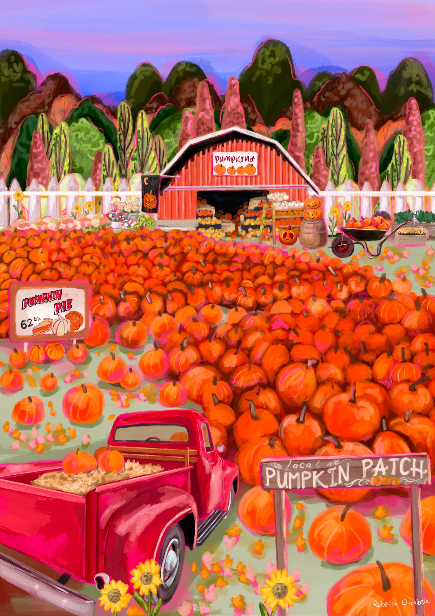 illustration of a pumpkin patch with lots of orange pumpkins, a red pickup ruck and a barn full of pumpkins. Autumnal trees in the background