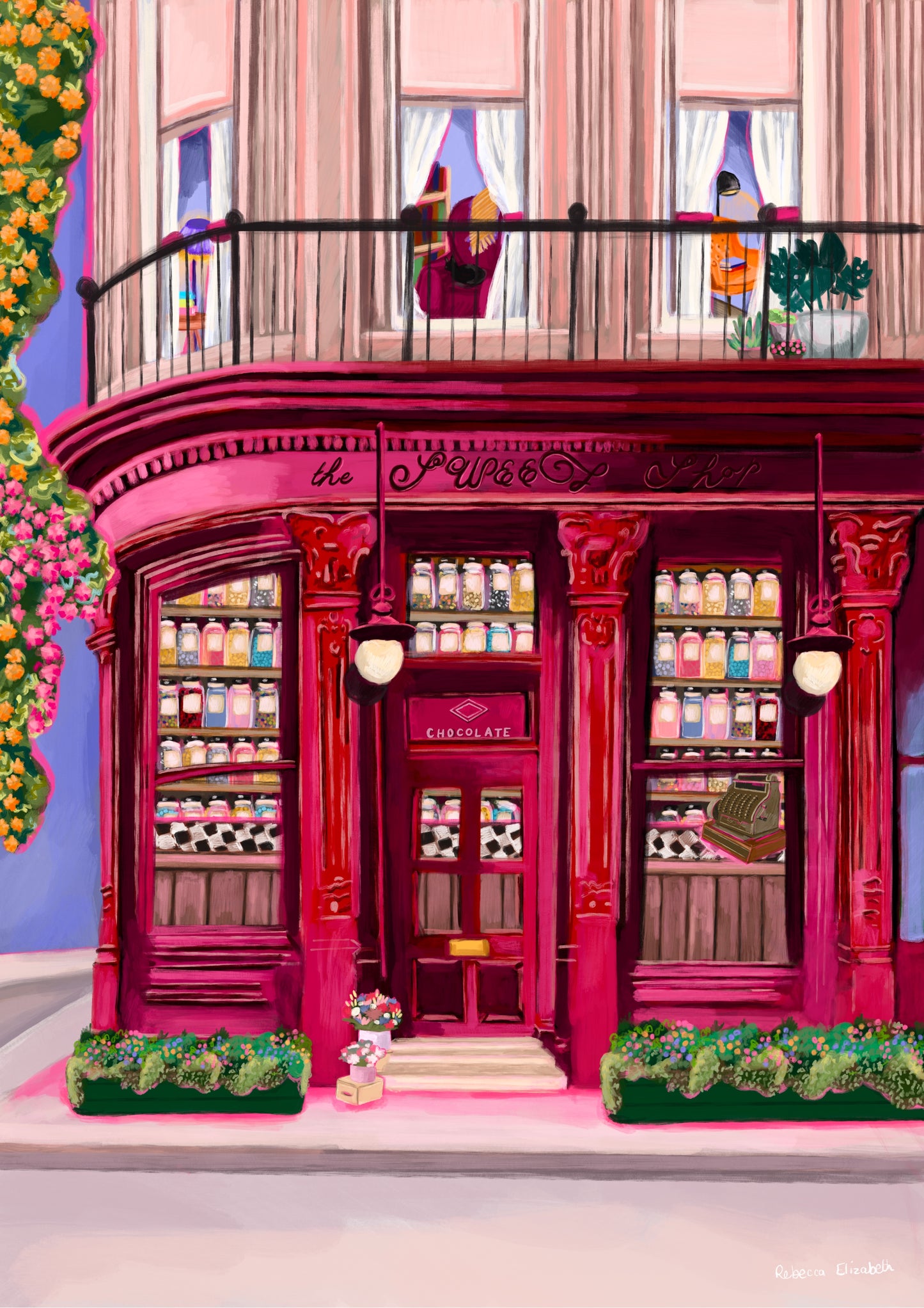 The sweet shop store front illustration. A red, burgundy, and pink toned shop front with ornate features, inside the window shelves of old-fashioned sweet jars filled with colourful candy. The countertop is black and white checker and a vintage till. The outside is surrounded by flowers. Designed by Rebecca Elizabeth Draws.