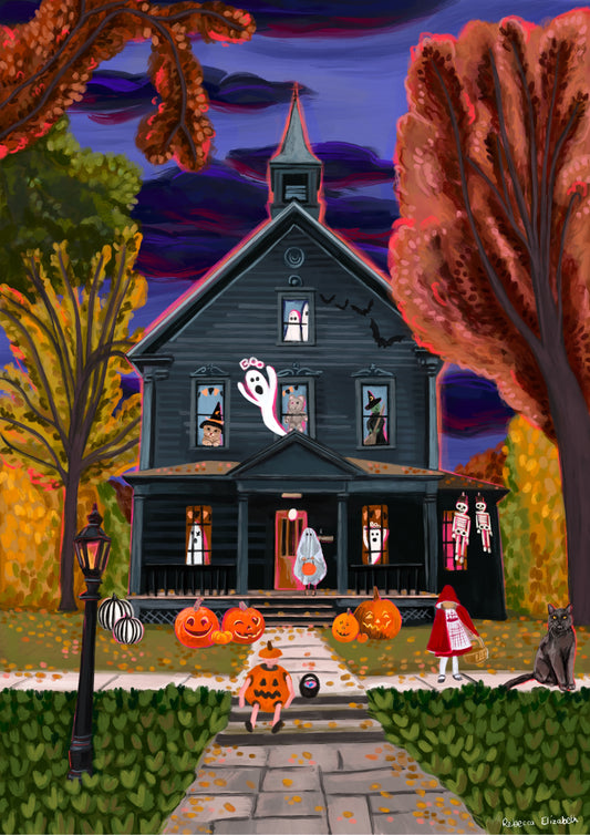 Haunted house illustration with ghosts in the windows, witches & a possessed teddy bear. Outside are trick or treaters dressed up as a ghost, pumpkin and little red riding hood ready to collect their sweets. Autumn trees surround the house & fall foliage scatters the ground.