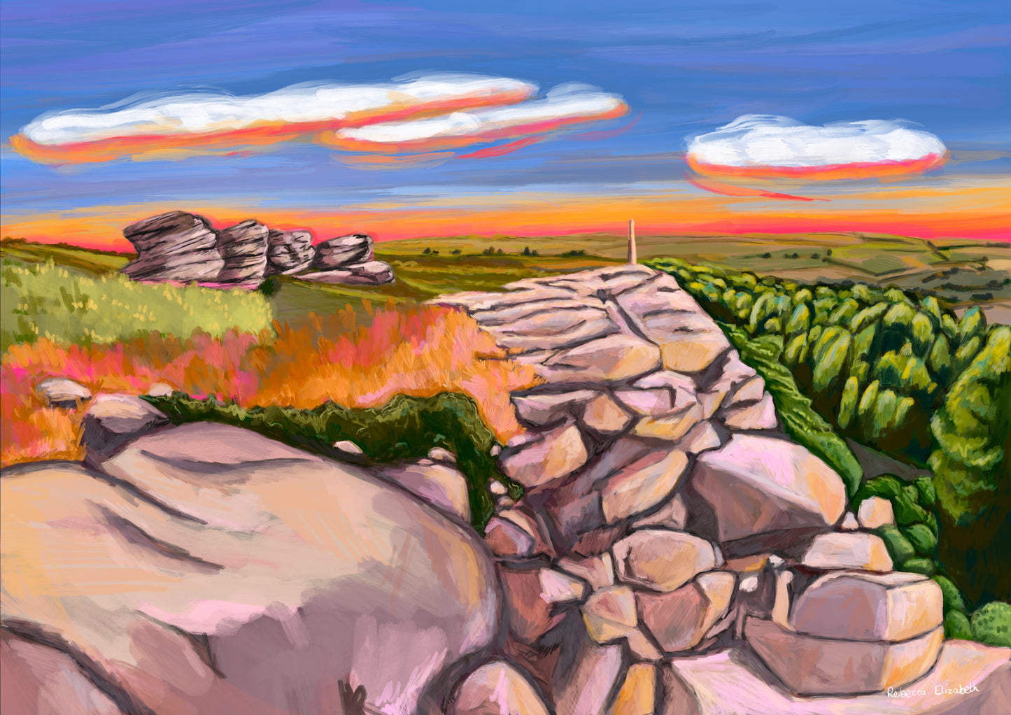 An illustration of Birchen Edge in the Peak District. With the rock face, rock outcrops named after ships from the battle of Trafalgar and Nelsons Monument all set against a sunset sky with blue, yellow, orange, and pink glow. Designed by Rebecca Elizabeth Draws