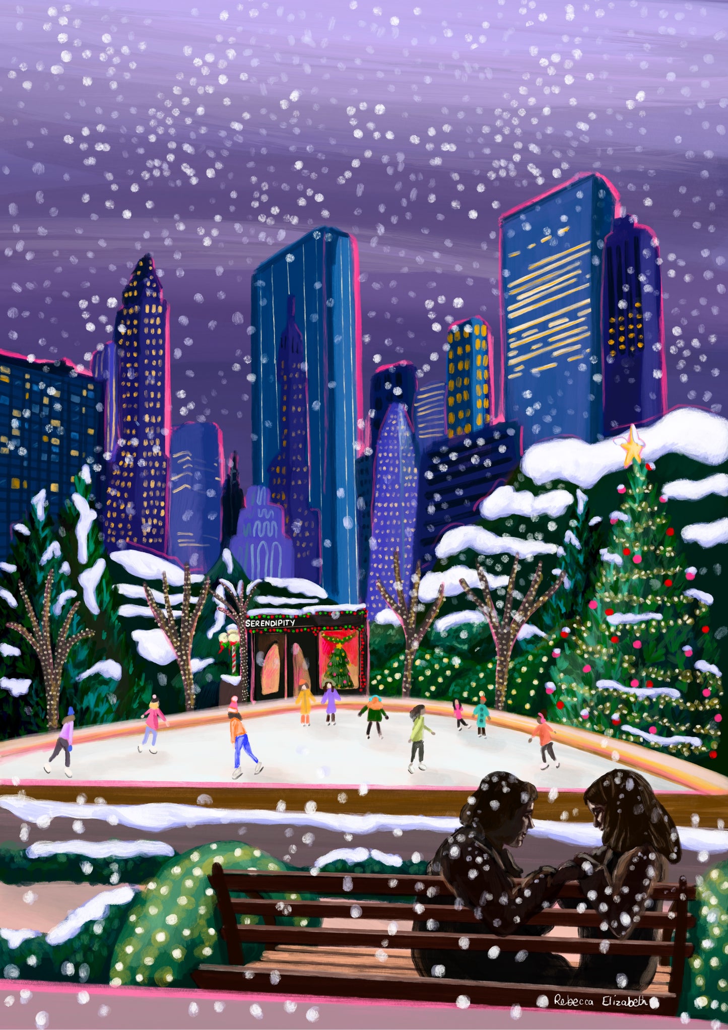 Christmas Illustration inspired by the film Serendipity. The main stars are silhouetted at the front of this illustration with the new York skyline behind them, at the base of the high rise buildings are Christmas trees, the serendipity shop and an ice skate rink with people on. Designed by Rebecca Gibbs at Rebecca Elizabeth Draws.