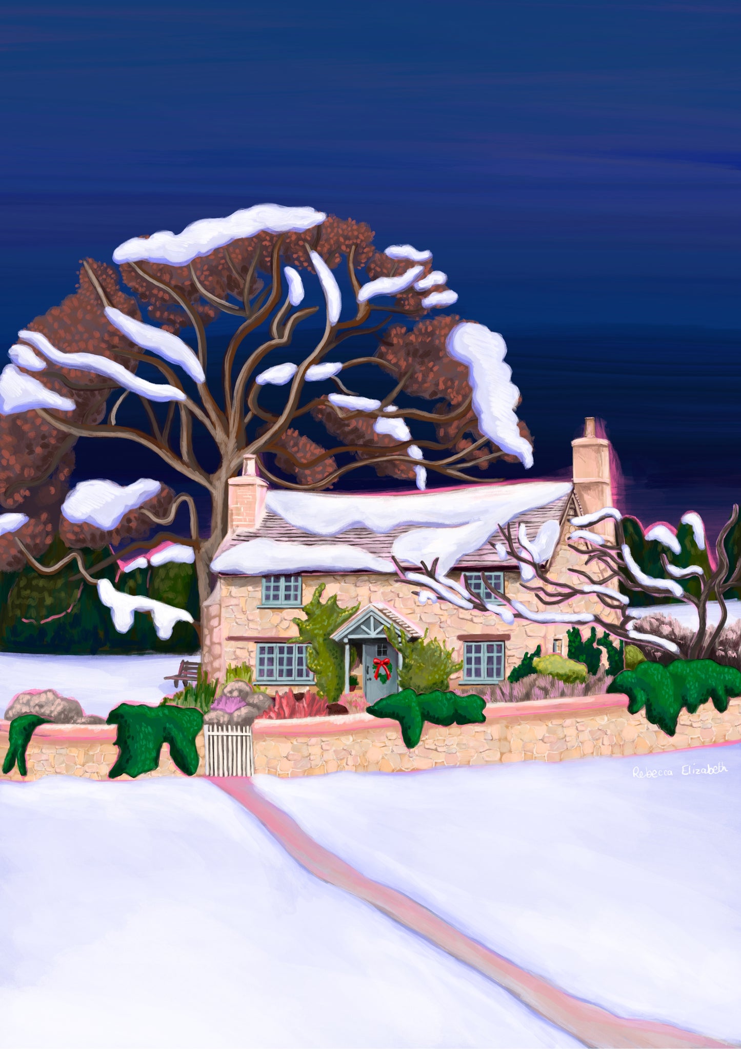 Christmas Illustration of the classic Rosehill cottage from the movie The holiday staring Kate Winslet and Cameron Diaz. Set amongst the English countryside with landscapes of wintery fields, a classic cosy Christmas cottage.