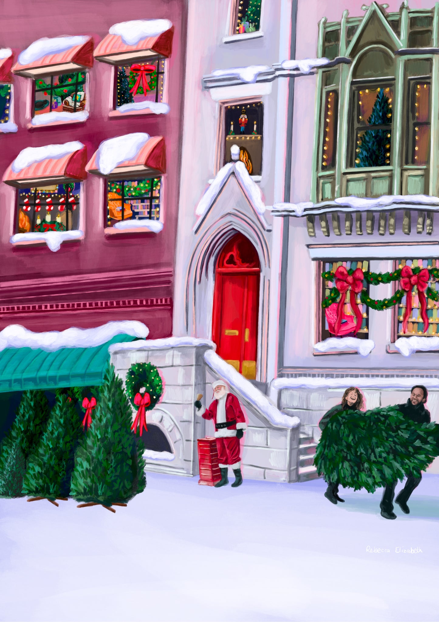 Christmas Illustration inspired by the film When Harry Met Sally. With Harry & Sally running off with their Christmas tree at the right hand side, the tree shop to the left and a background of new York buildings with Christmas décor peaking out the windows. Designed by Rebecca Gibbs at Rebecca Elizabeth Draws.