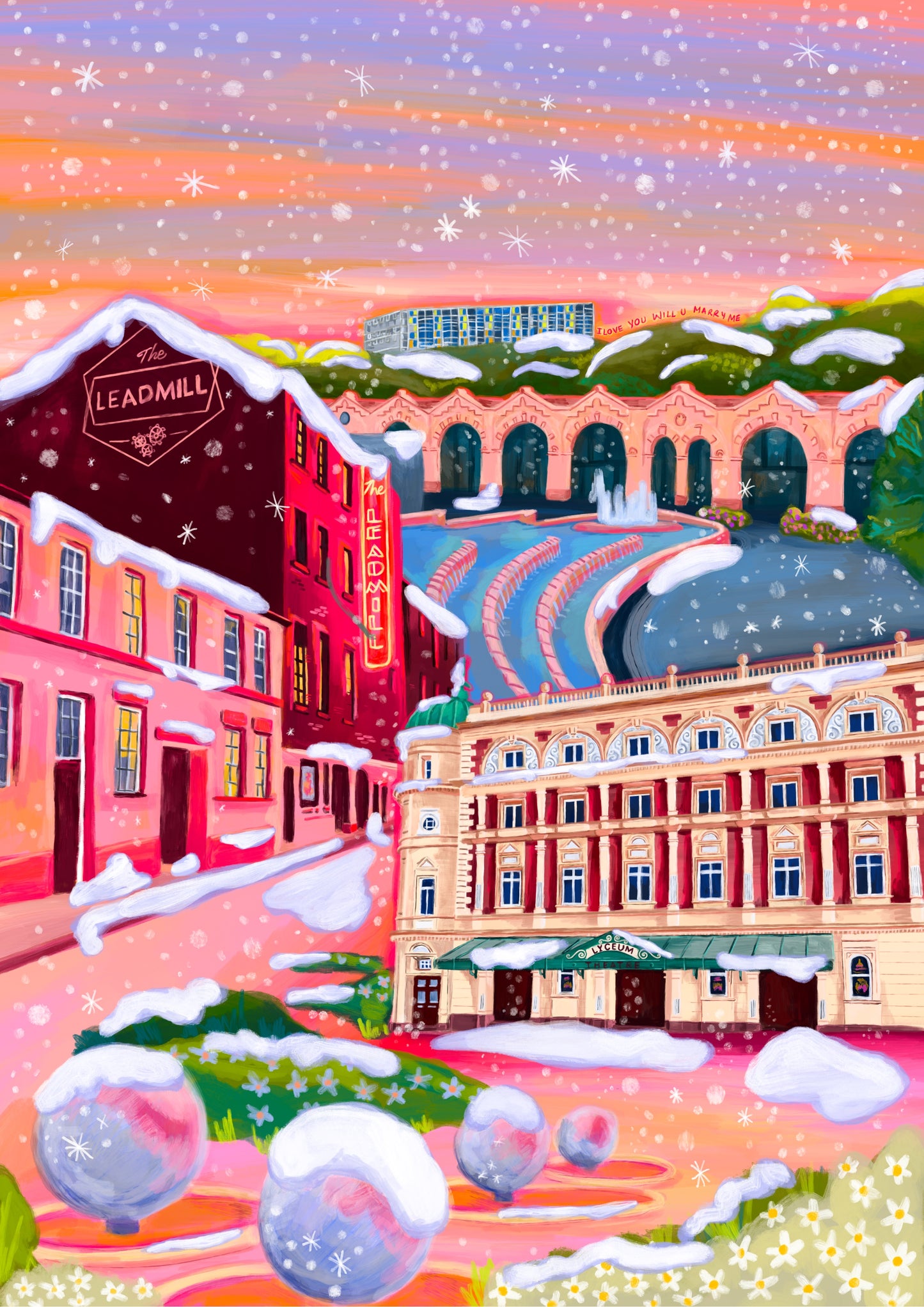 An illustration of Sheffield city in winter with snow. Featuring The Leadmill, the Lyceum, Sheffield train station, Sheffield Park Hill flats, park hill graffiti and water features. This illustration is very vibrant with bright pinks and oranges, the places featured are collaged together against a purple and orange sky. There is a small signature in white the corner. Designed by Rebecca Gibbs at Rebecca Elizabeth Draws.