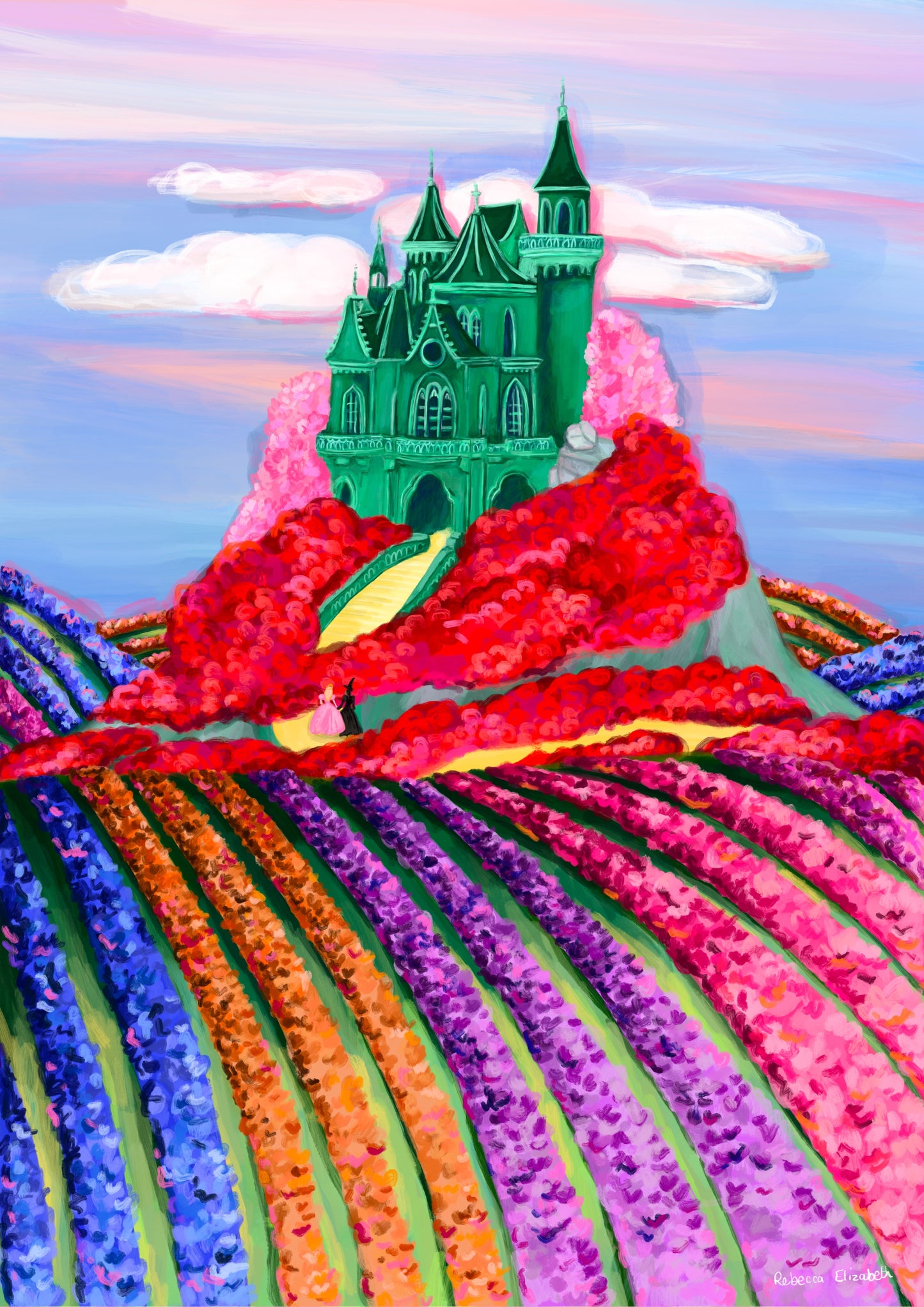 Illustration of the Emerald City in the Land of Oz with a whimsical green castle on top hill surrounded by red & pink poppies & fields of tulips down below. You can even spot the yellow brick road leading to this fantastical building.