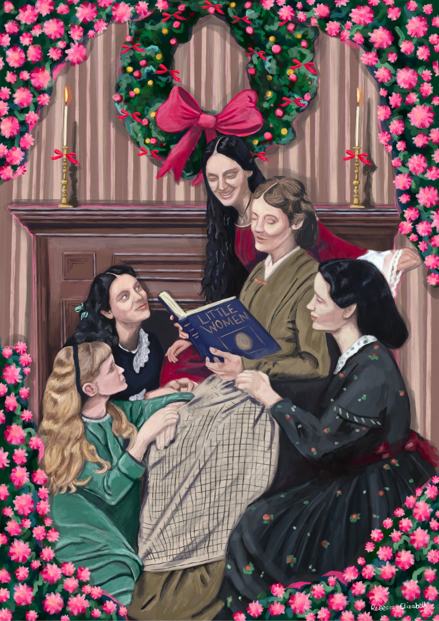Illustration inspired by 1994 film of little women by Louisa May Alcott with the four daughters and mother reading a book in front of the fireplace, a Christmas wreath hangs above, & the art is surrounded by floral art framing the piece.