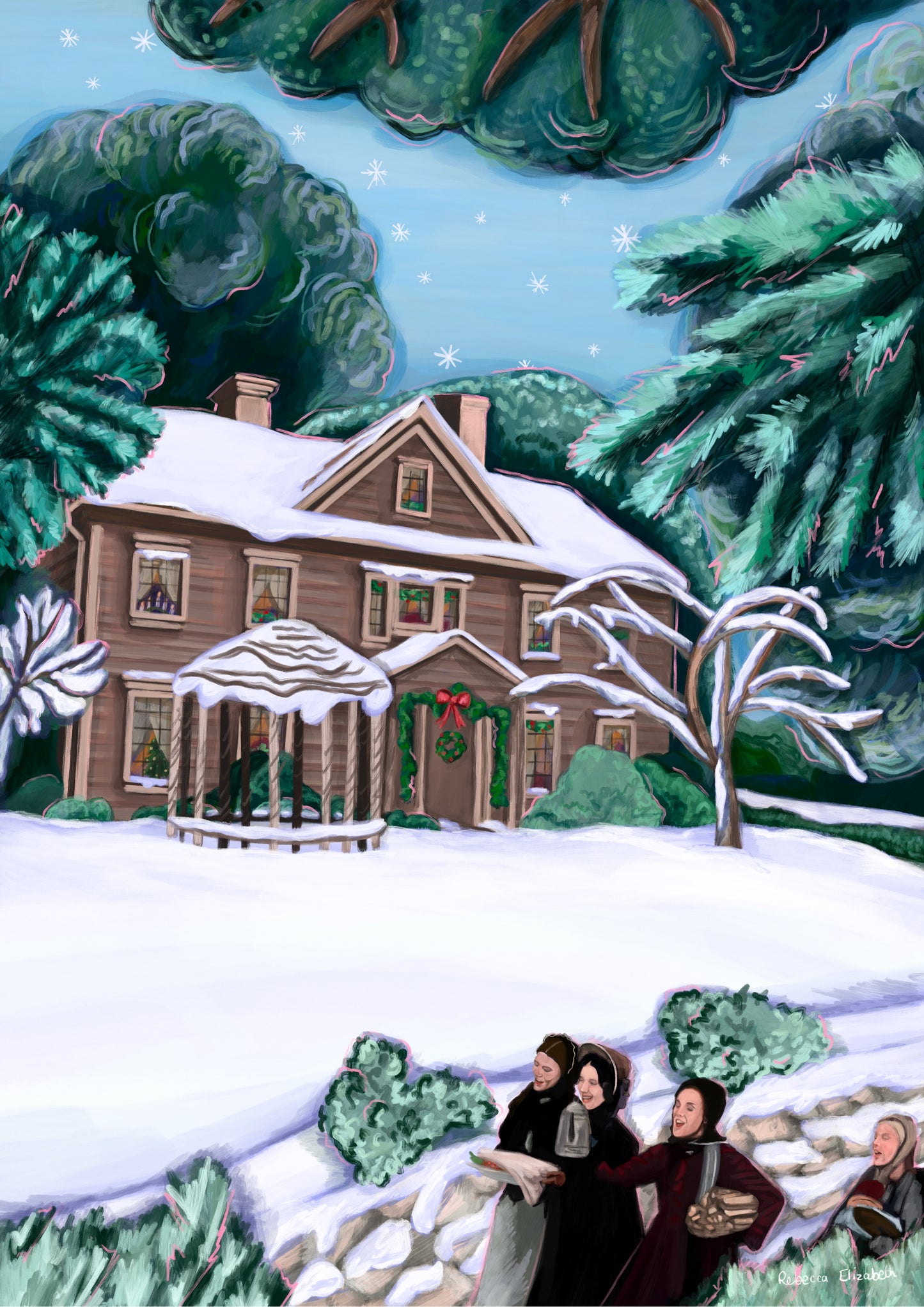 Winter little women inspired illustration with blue tinted trees & snow, snow falling on an icy sky & the traditional march house. In the foreground is the snow-covered ground and Beth, Meg, Jo & Amy singing. A cosy Christmas story art print.