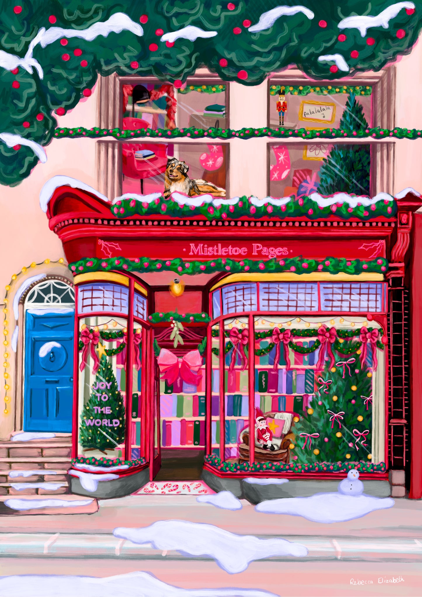 A Christmas bookshop store front illustration in red with soft whimsical colour books, festive decorations & a look upstairs inside the window at a cosy home with a dog. There is snow fallen around & a festive holly & berry tree hanging over the top