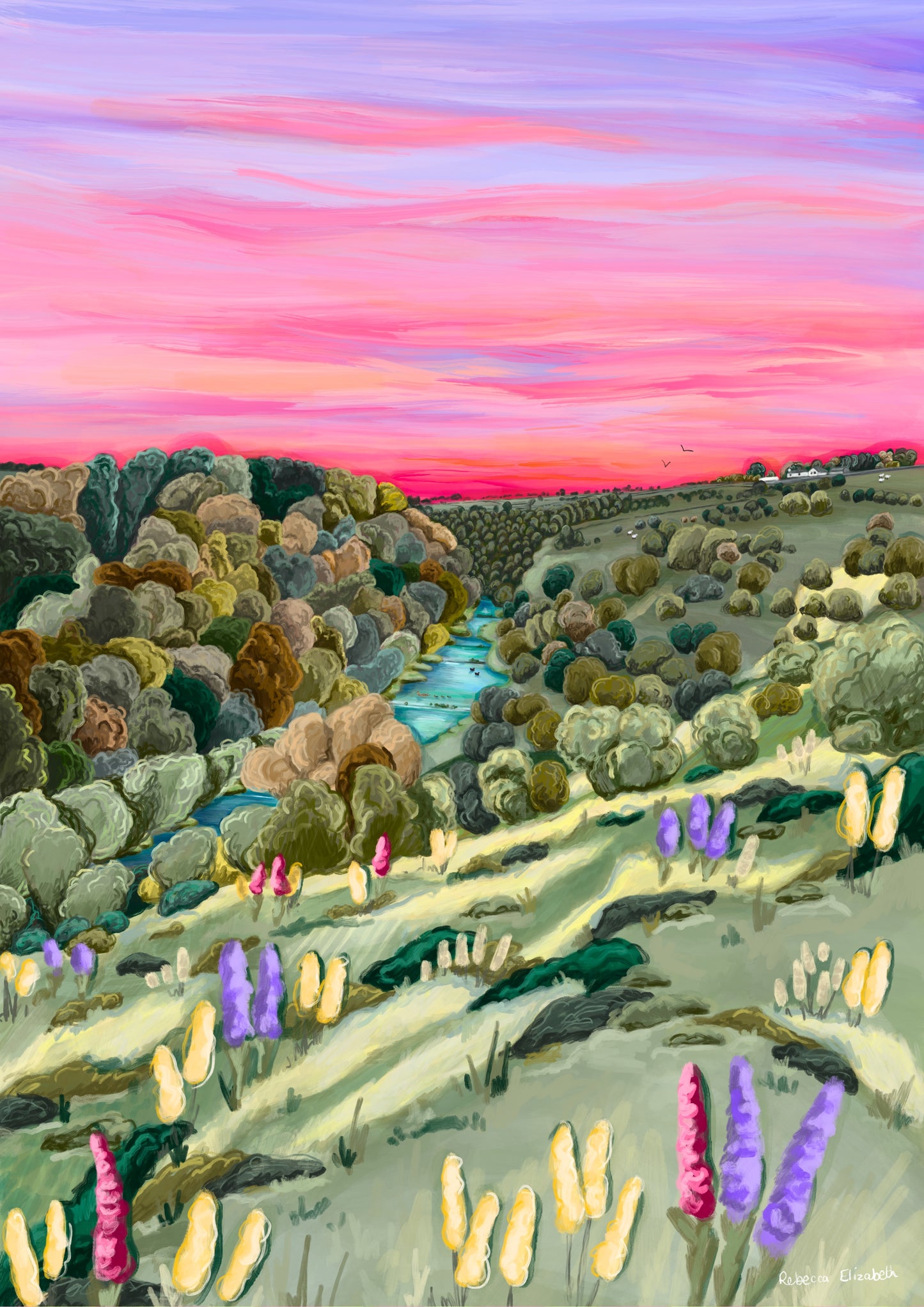 Lathkill Dale (Over Haddon) found just outside of Bakewell, Derbyshire in the Peak District illustration with a pink sky, autumn trees, a look over the valley at crystal clear blue waters.