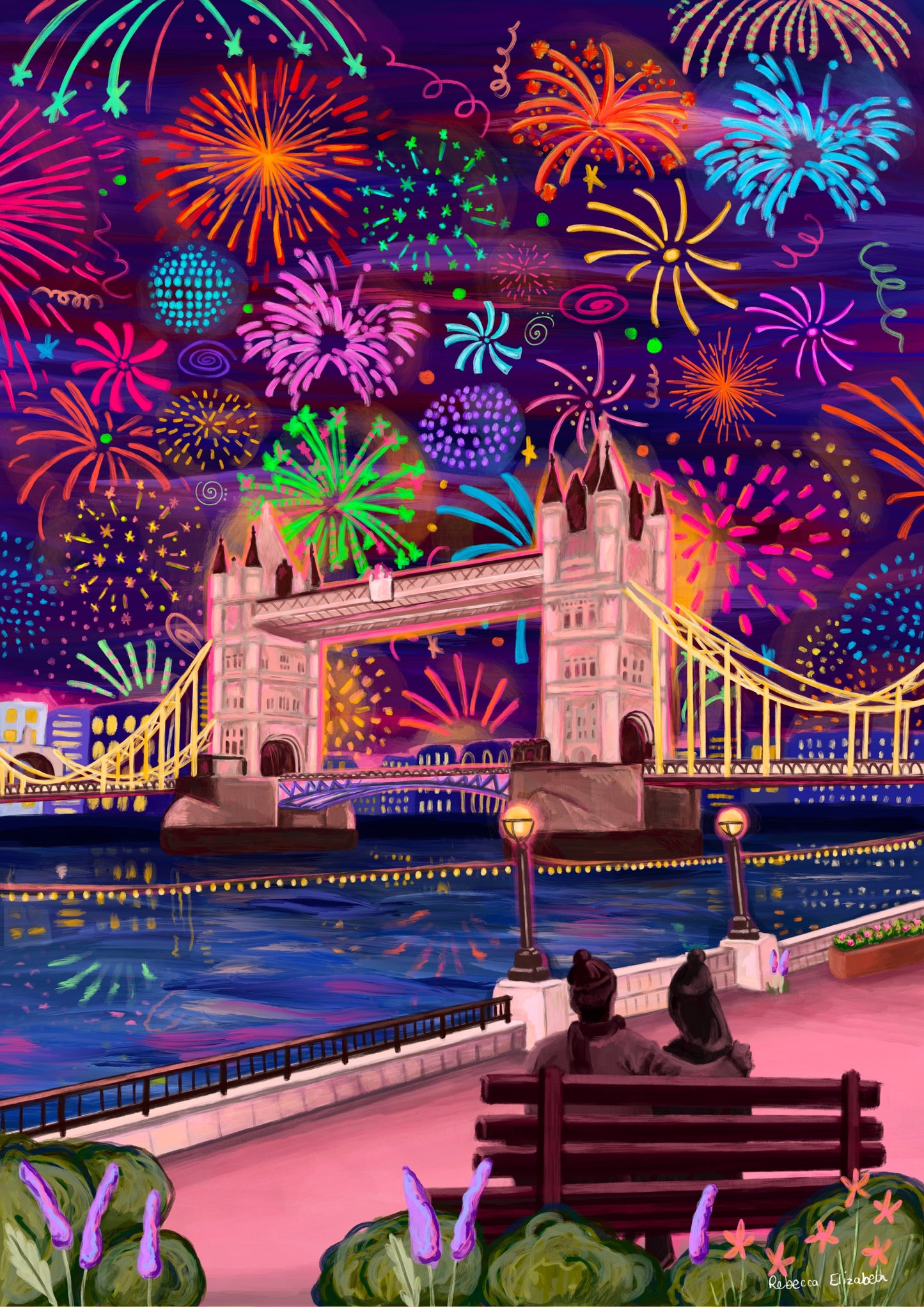 Illustration of bright fireworks in the sky above London city skyline and behind the London tower bridge. The colours are reflected in the river Thames below and in the foreground a couple sit on a bench watching the view.