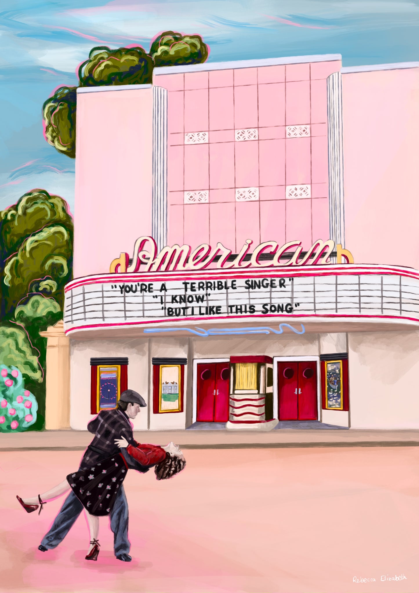 Illustration of the vintage cinema in the film the notebook by Nicholas sparks, with a retro style cinema and then Noah and Allie dancing. In the cinema a quote from the film.