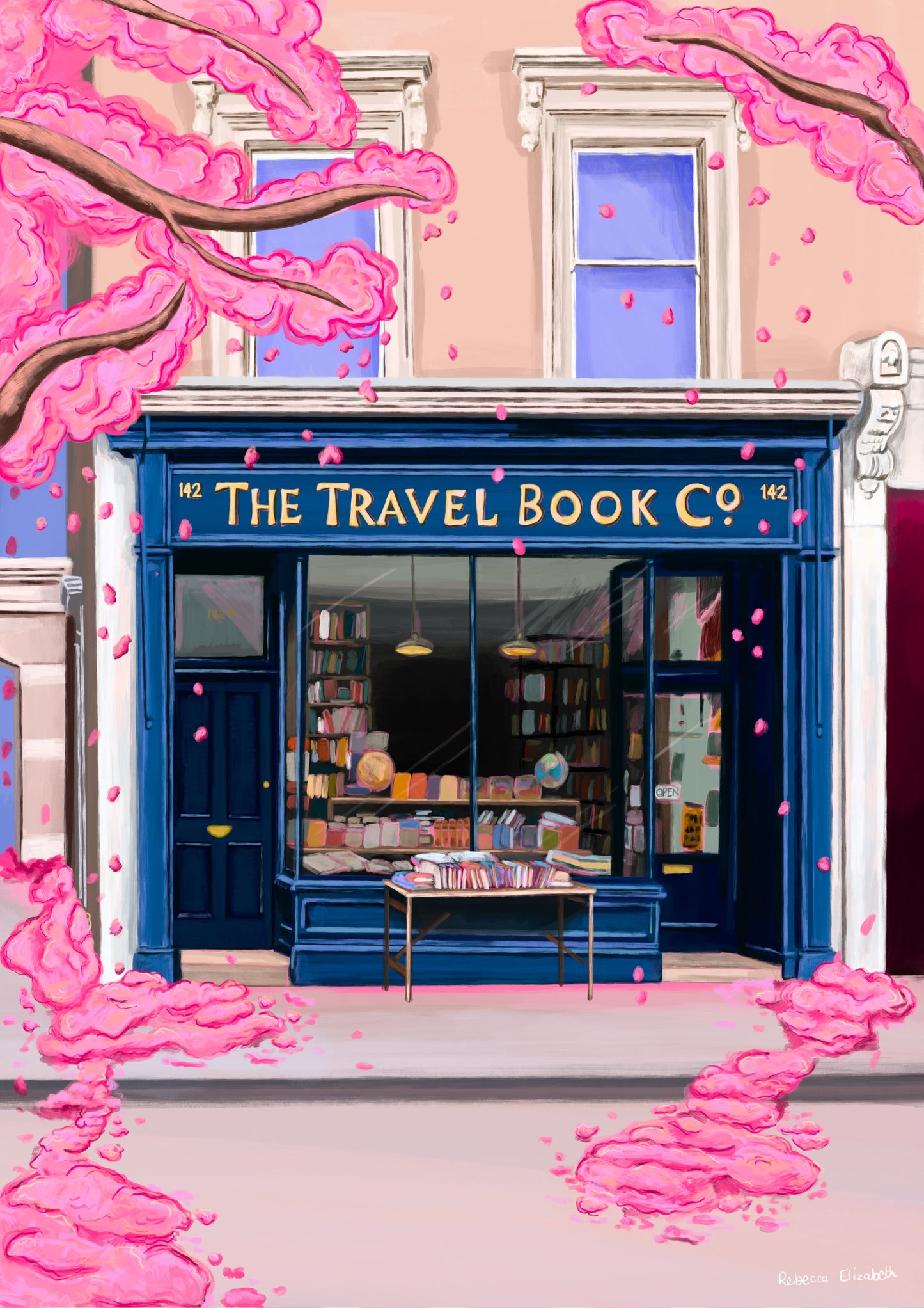 The travel book co from the film Notting hill with a blue bookshop front, old books inside and set in a London building. Outside is a spring blossom tree adding a romantic whimsical aesthetic.