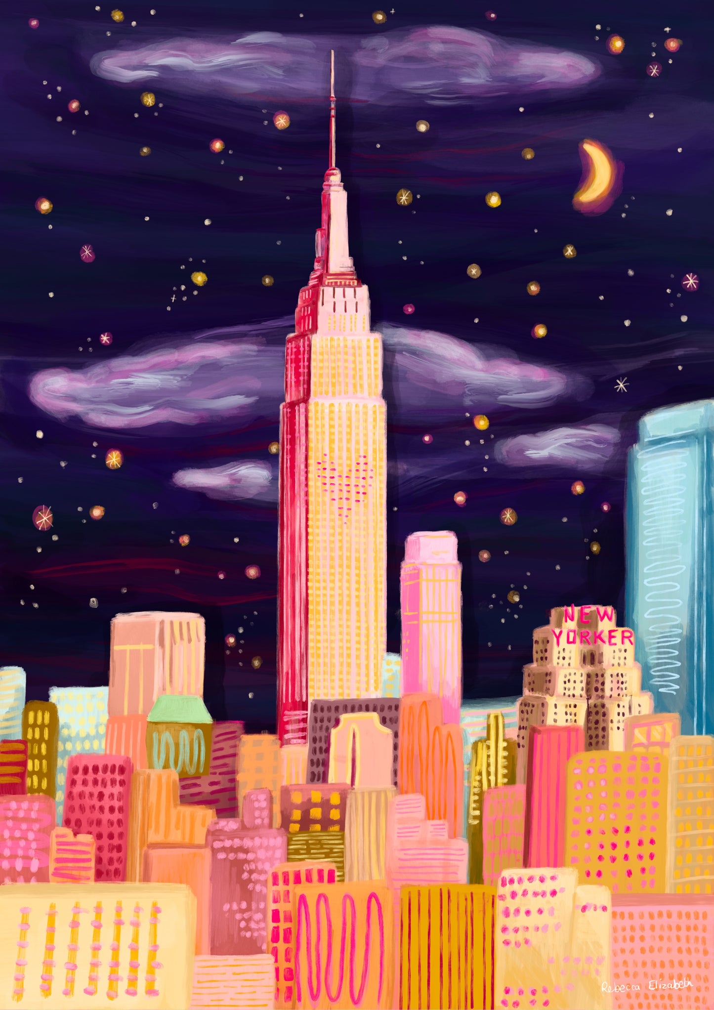New York city skyline with the empire state building in the centre with love heart lights from the film sleepless in seattle with Meg Ryan & Tom Hanks. An evening night sky with stars sparkling, skyscraper buildings in the front in shades of pink & orange.