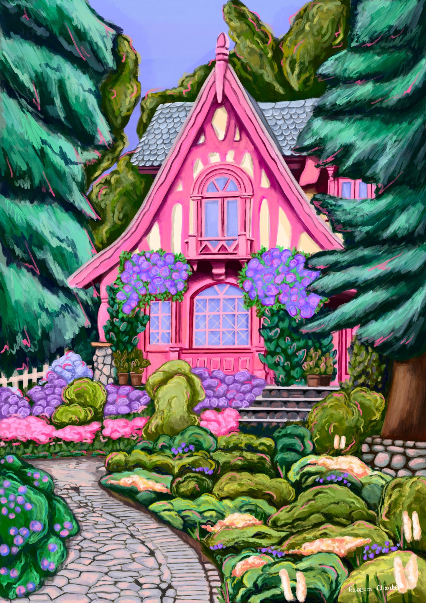Pink cottage illustration with big bunches of hanging violet & lilac flowers. Plant pots fill the porch & the home is surrounded by nature, with big trees, green bushes & lots of pretty flowers. A soft whimsical fairy tale inspired art.