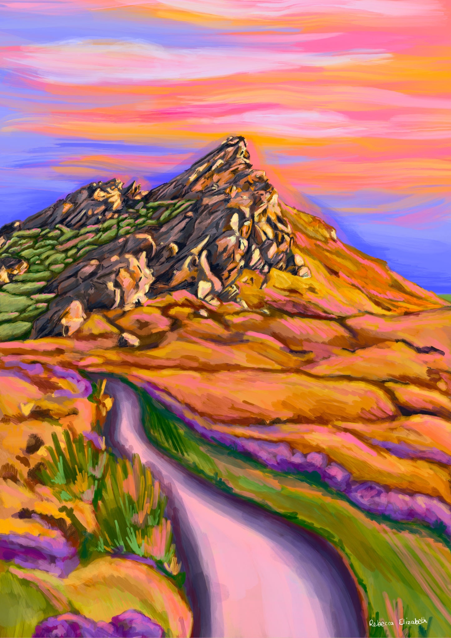 Illustration of Ramshaw rocks leek Staffordshire peak district at sunset. The rocks have orange & pink highlights, surrounded by grass and rocks with a path leading towards it.