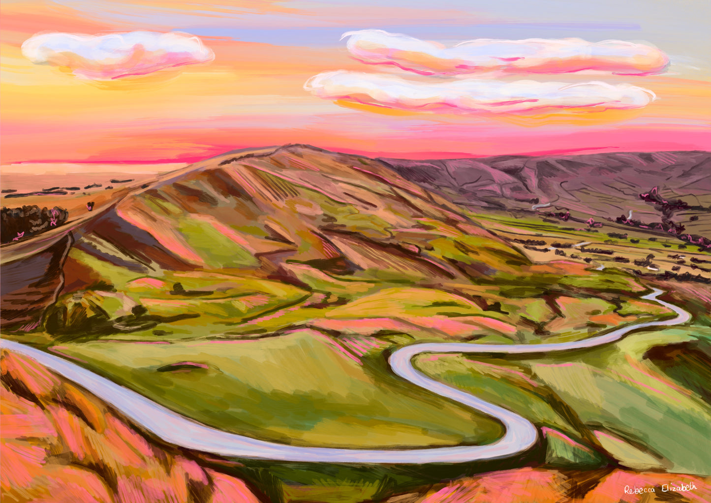 Illustration of mam tor hill in Castleton Derbyshire the peak district. Views across the hill and further on into the hope valley and Edale can be seen. A winding road in the foreground and a setting sun sky in pinks, yellow and blue.
