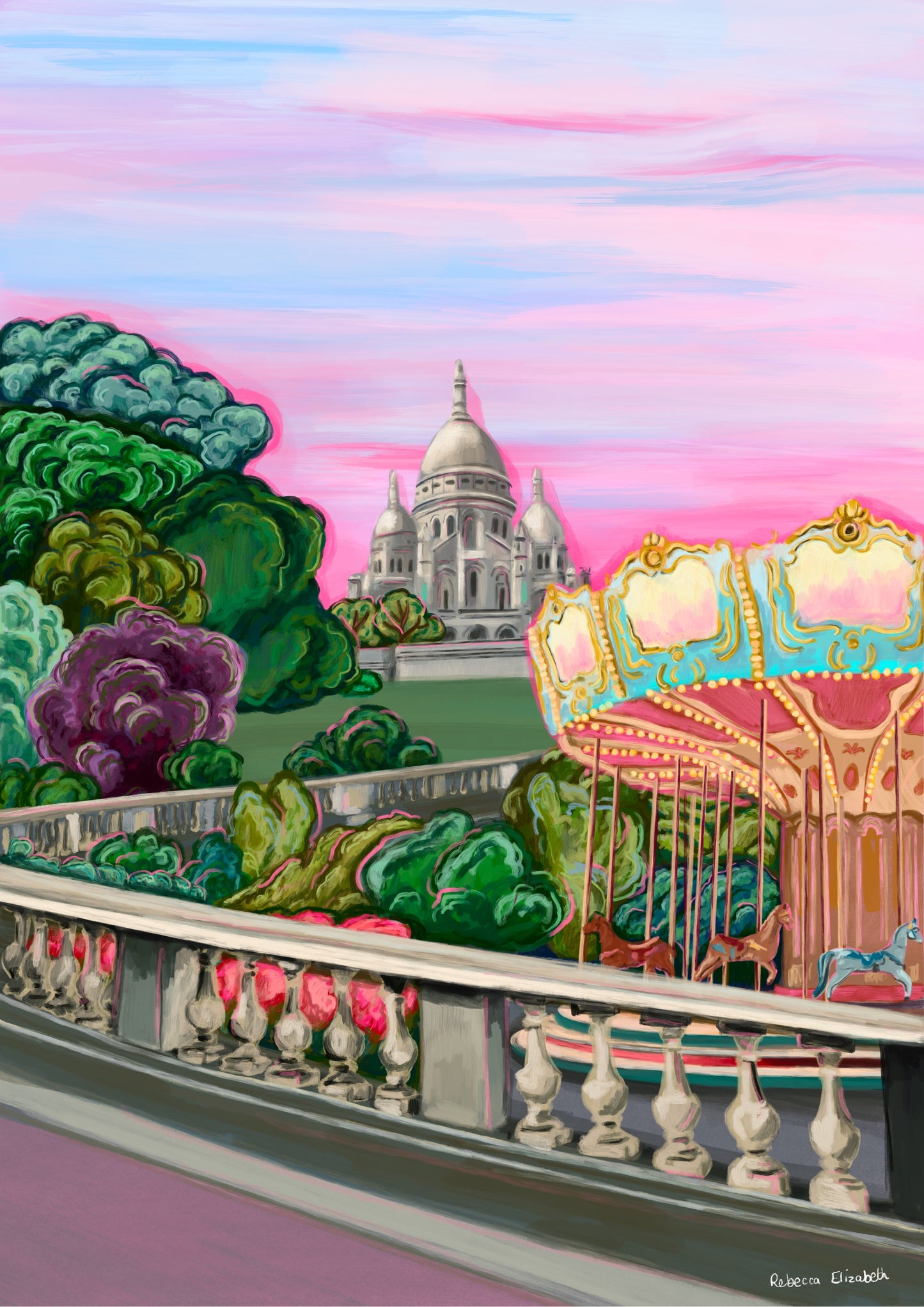 illustration of the Sacre Coeur in Paris France on top of the hill in Montmartre. Set against a pink setting sun sky in Springtime with trees and a merry go round in the foreground.