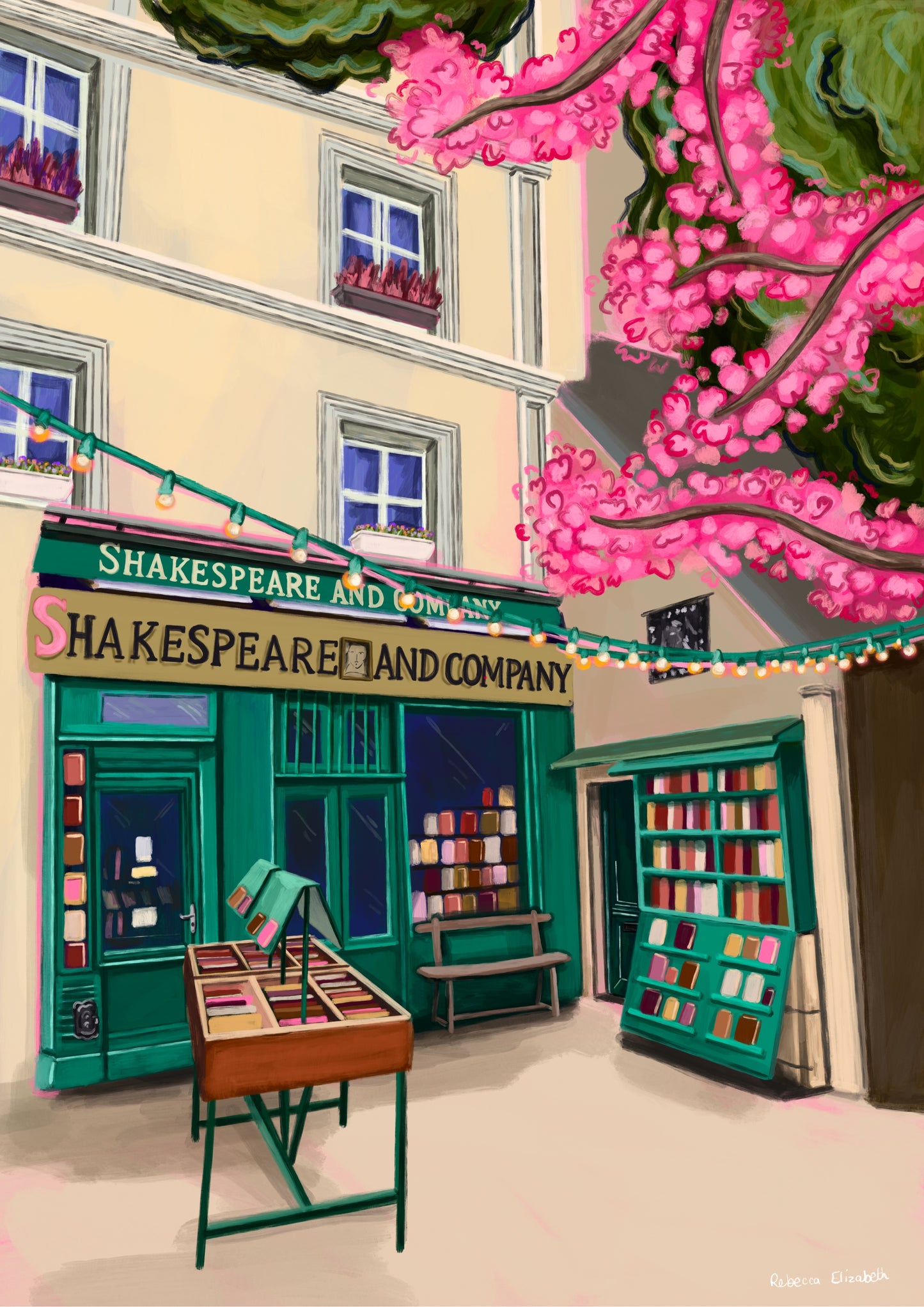 Illustration of Shakespeare and company bookshop in Paris France. with books for sale outside, and a pink cherry blossom tree in the foreground.