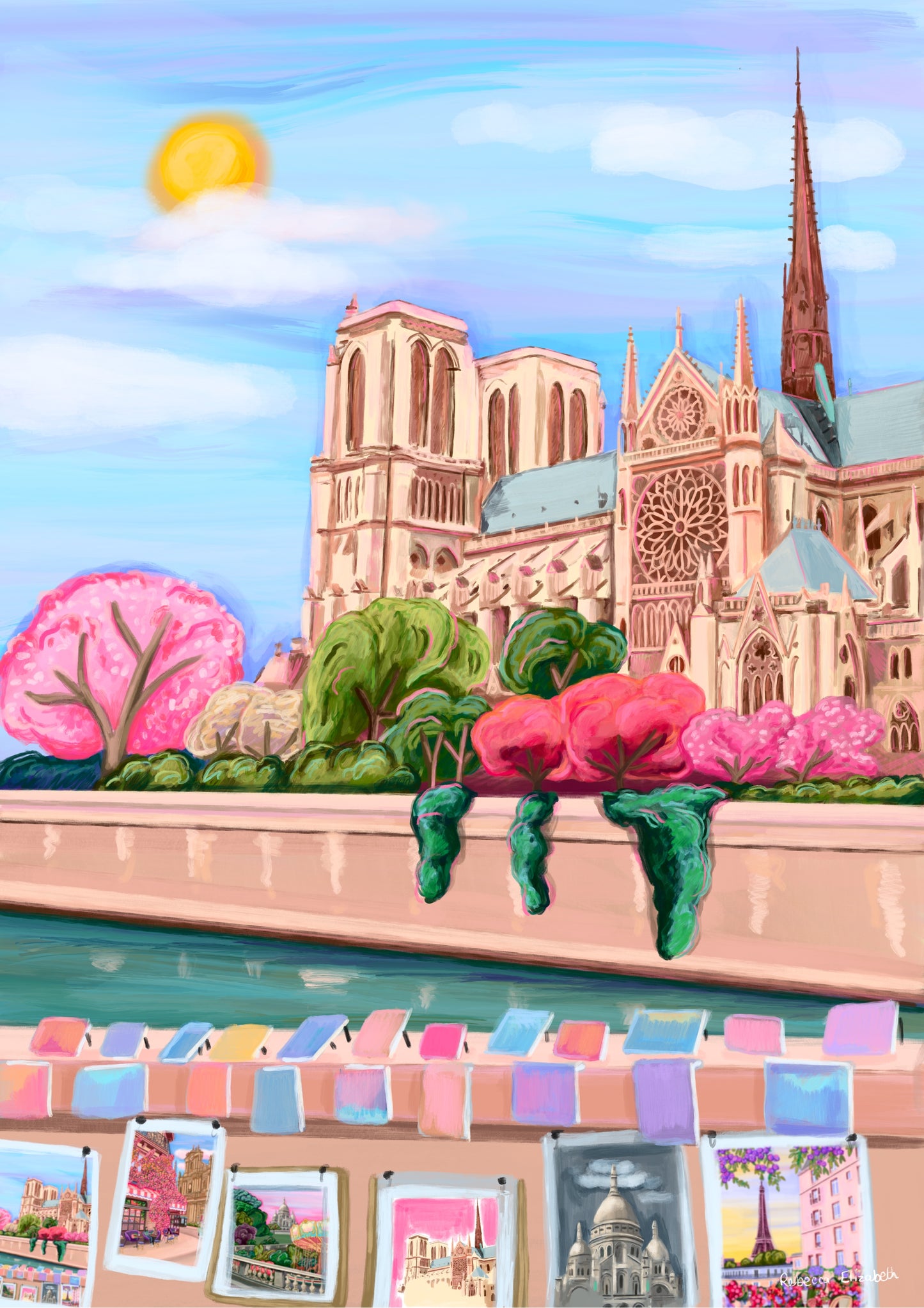 colourful illustration of Notre Dame in Paris, France. With spring pink cherry blossom trees, a sun in the sky and the river seine in front. Along the riverside is small stalls selling art, featuring other Rebecca Elizabeth Draws illustrations.