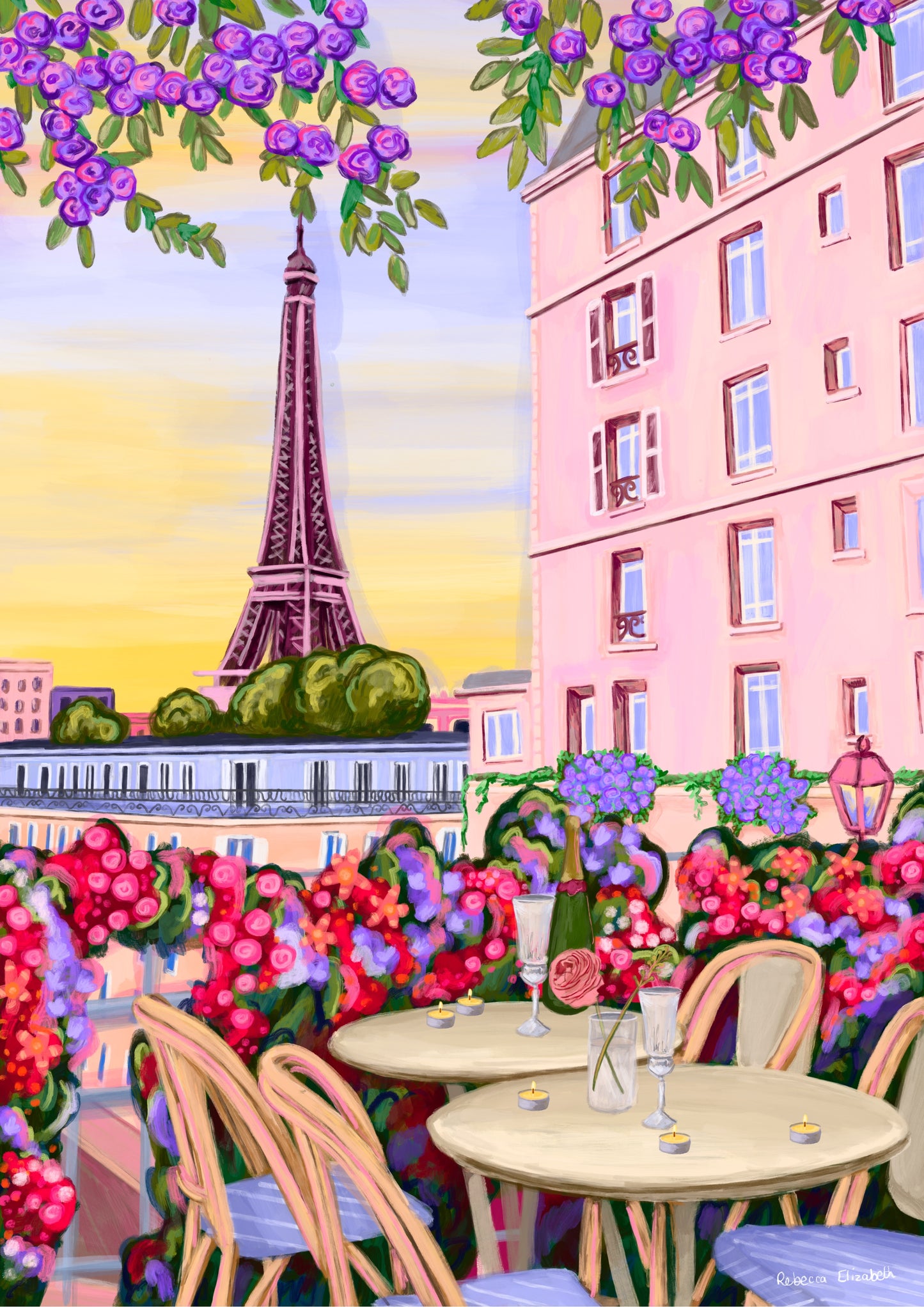 romantic valentines dinner in Paris in front of the Eiffel tower. surrounded by pink, red and purple flowers and beautiful Parisian buildings. springtime sky with yellows and blues.