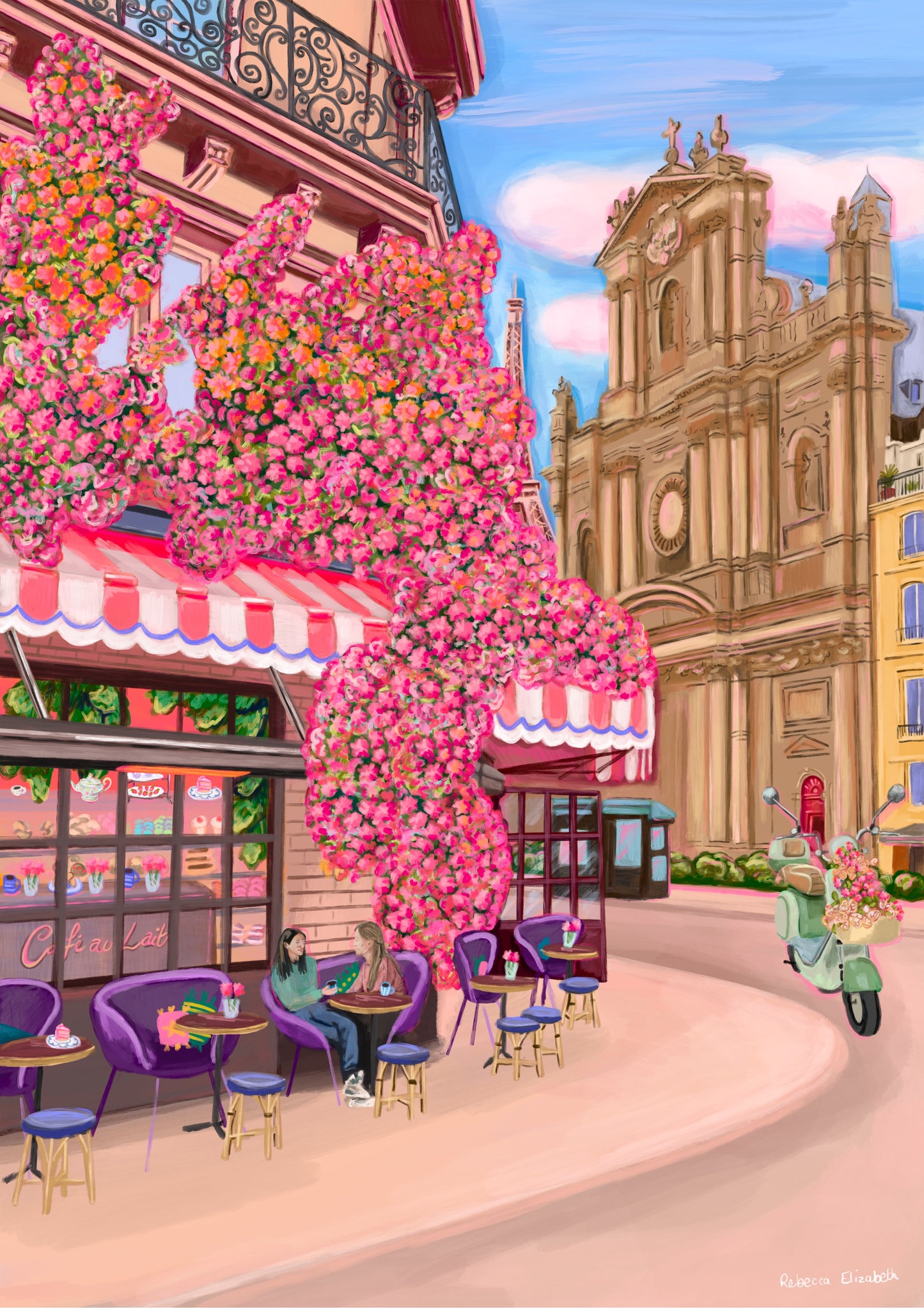 colourful illustration of a sister / friend coffee date in Paris France, with a building covered in pink flowers, a mint green scooter to the side with flowers and beautiful Parisian buildings behind