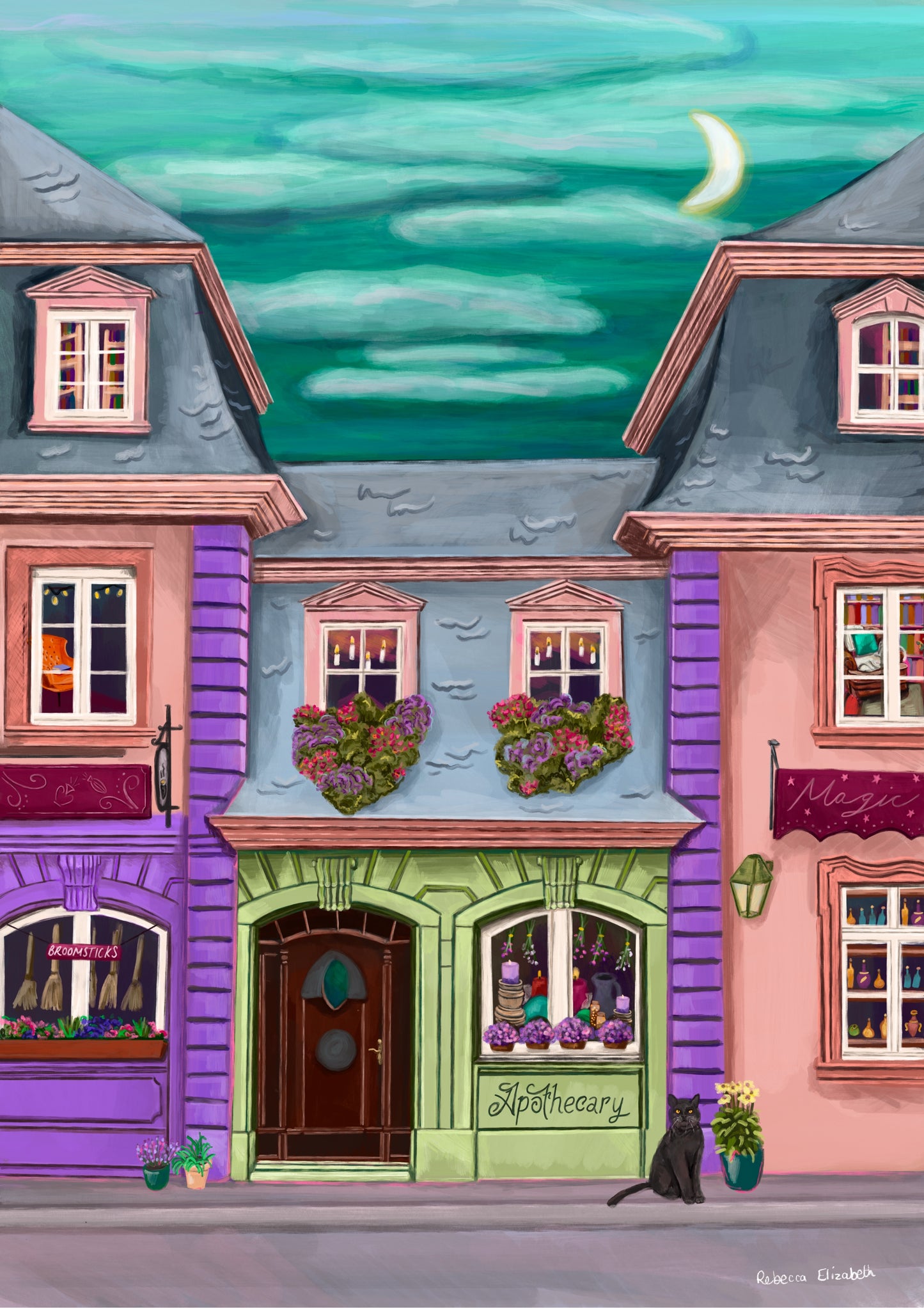 Magic Street inspired by the wizarding world. The perfect place for all witches and wizards to grab what they need. With green and purple shop fronts, florals, potions, broomsticks, wands, books and more. an emerald green sky with a crescent moon and a black cat in the foreground.