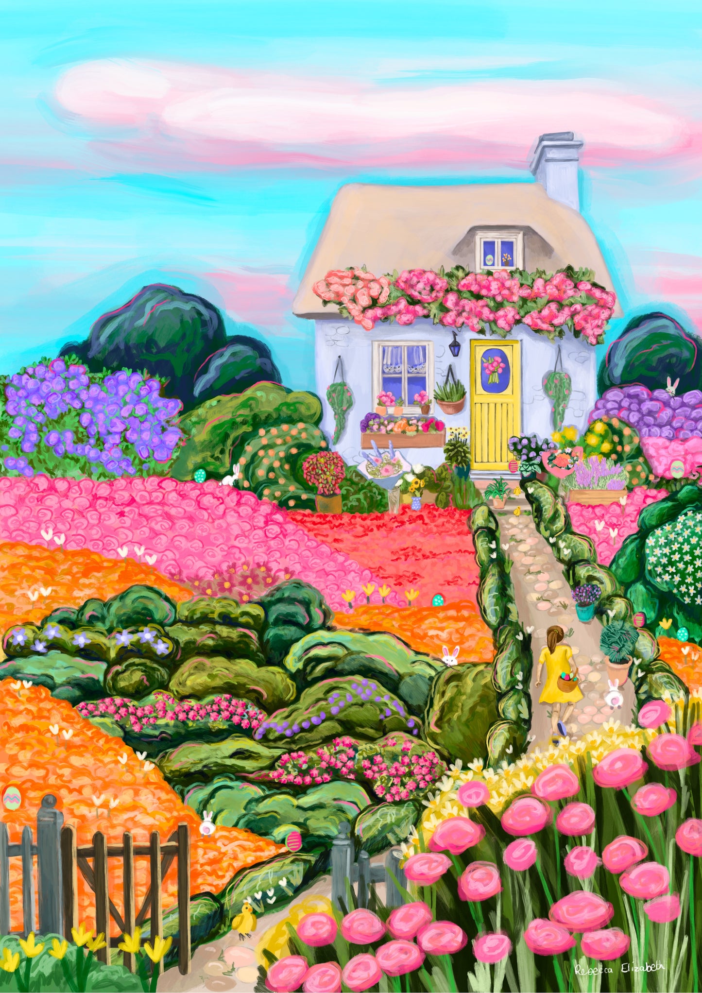 cute English cottage in the countryside with a cottagecore garden full of flowers and roses. a girl in a yellow dress is skipping down the path on the hunt for easter eggs which are dotted around the illustration. alongside her is a bunny rabbit.