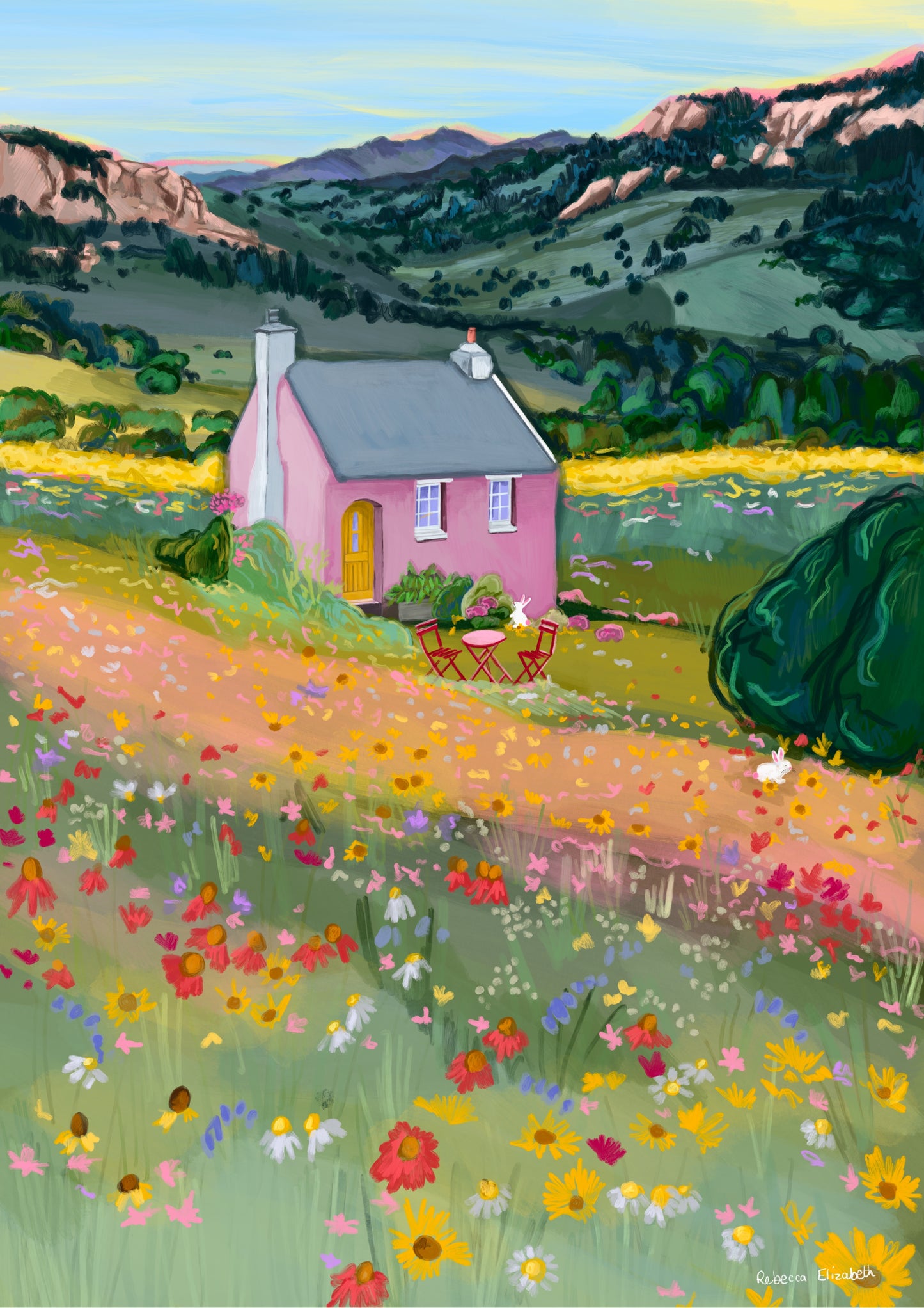Illustration of a pink house in the mountains in the middle of spring and summer with wildflowers growing all over the surrounding fields in yellow, pink and red.