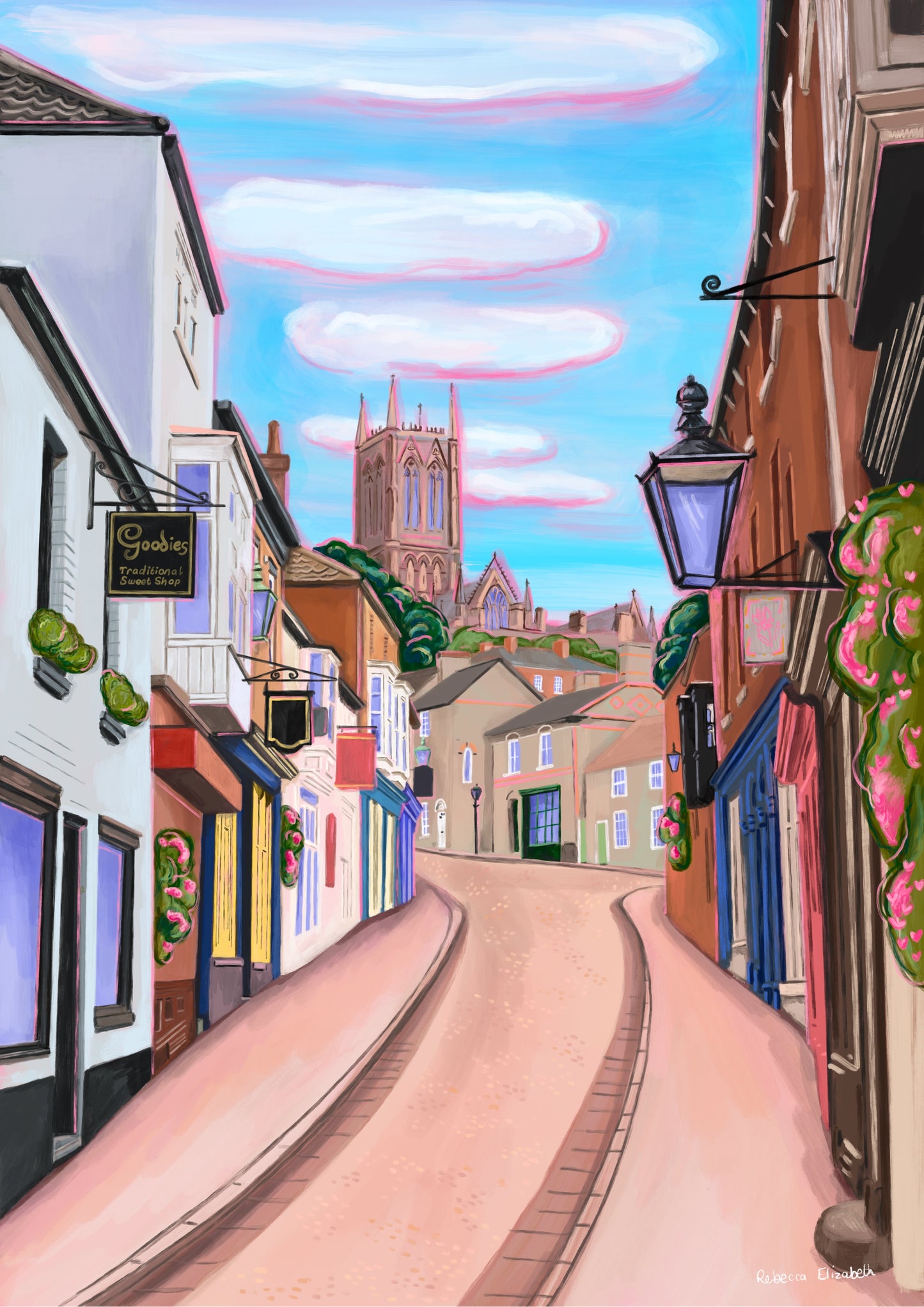 illustration of steep hill in Lincoln, Lincolnshire England UK. IN the background sits Lincoln Cathedral in soft browns & pinks. the sky is a bright blue with fluffy white clouds and a pink highlight. in the foreground the shops that can be found on steep hill, with a mixture of old fashioned buildings and modern signage. The are pink highlights throughout and little pops of greenery with pink flowers.