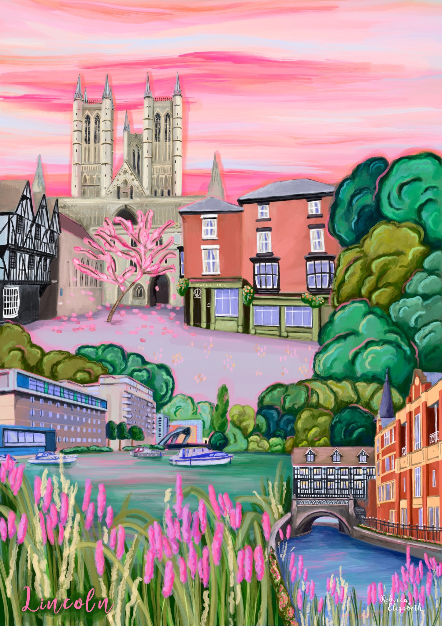 Lincoln, Lincolnshire UK. The cathedral is featured against a pink hazy sky, with the old tudor buildings to the left, the magna carta to the left and the top of steep hill. The bottom left features the quayside with boats and flowers and the right shows the tudor building hanging over the river into the city.