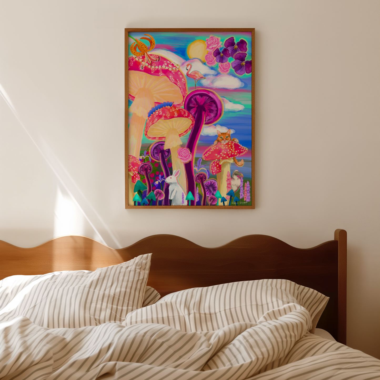 Alice in Wonderland illustration. A surrealist illustration inspired by alice in wonderland with giant fungi, trippy toadstools, flowers in the sky and much more. Nods to the novel are found throughout from the flamingo to the Cheshire cat and the dodo. Bright pinks, blues and purples, this illustration is very psychedelic. A small signature in white the corner. Designed by Rebecca Gibbs at Rebecca Elizabeth Draws.