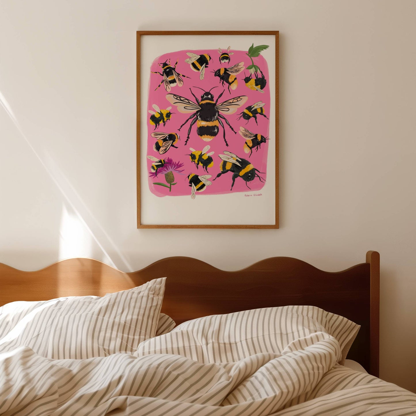 Hand painted bumble bee illustrations compiled together on a pink background, small bees big bees, bees with flowers. A big collection all illustrated by Rebecca Elizabeth Draws.