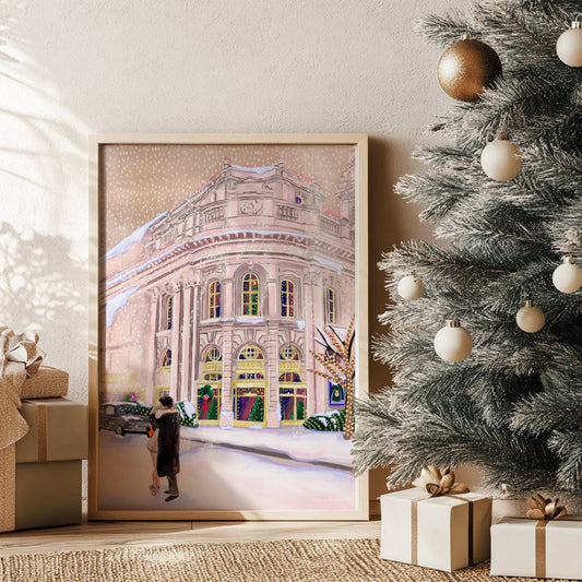 Christmas Illustration inspired by the film Bridget Jones Diary. The end scene featuring Mark Darcy & Bridget Jones kissing in the snow on a hazy street in London in front of the Montblanc diary shop. In the background you can see the mini her friends drive away in and a poster with Marks reindeer Christmas jumper. Designed by Rebecca Gibbs at Rebecca Elizabeth Draws.