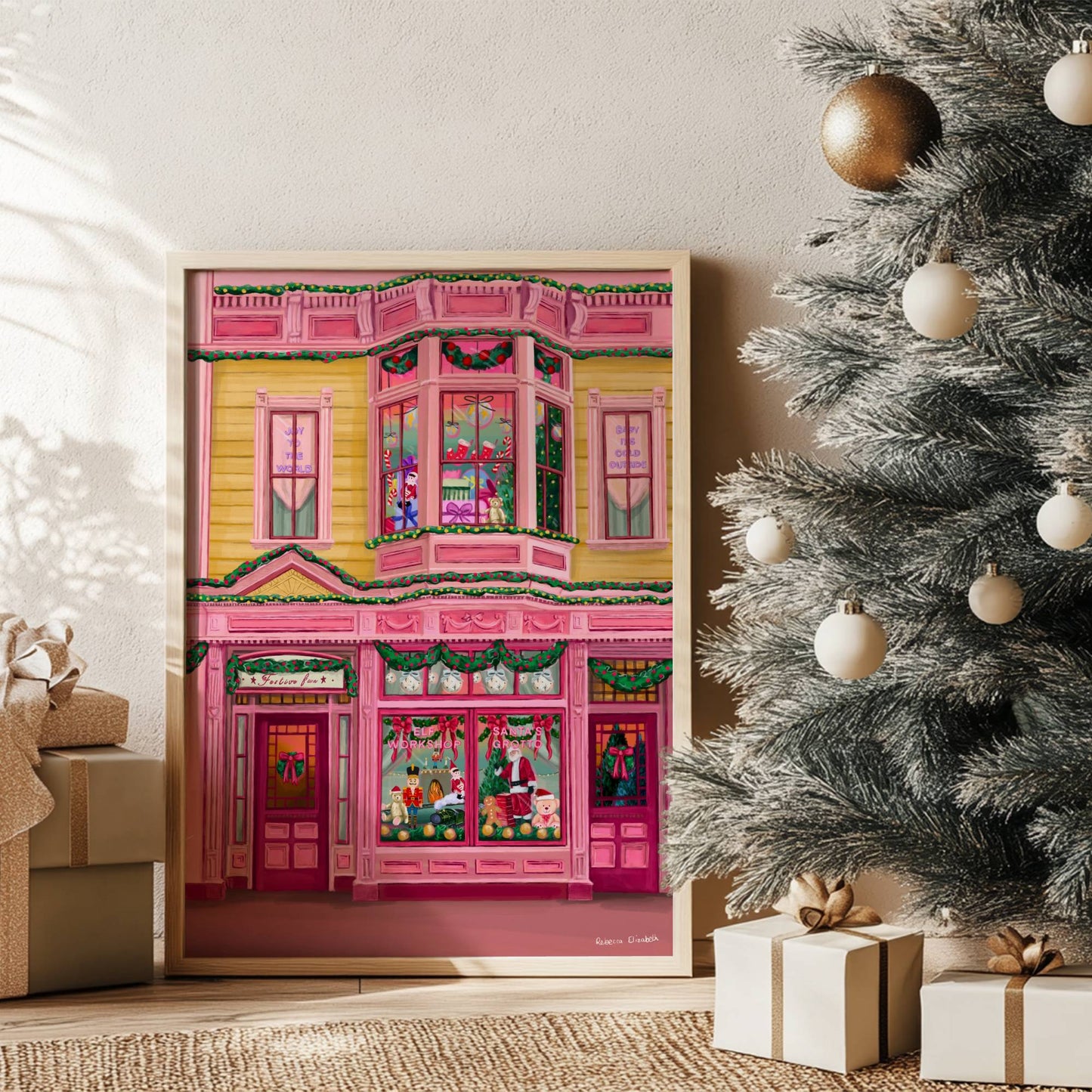 Colourful pink & mustard yellow Christmas shop front. With wreaths, baubles, trees & more. This festive illustration is inspired by all things kitsch, cute & fun. Designed by Rebecca Elizabeth Draws.