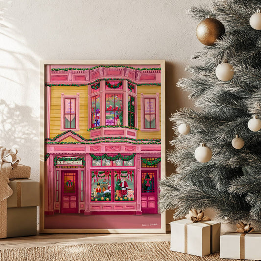 Colourful pink & mustard yellow Christmas shop front. With wreaths, baubles, trees & more. This festive illustration is inspired by all things kitsch, cute & fun. Designed by Rebecca Elizabeth Draws.