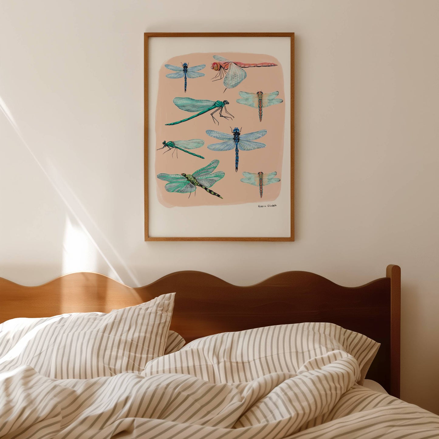 Hand painted dragonflies in gouache and edited digitally onto soft coloured cream backgrounds. Dragonflies in a flat lay composition with lots of intricate details featured. There is a small signature in black at the right. Designed by Rebecca Gibbs at Rebecca Elizabeth Draws.