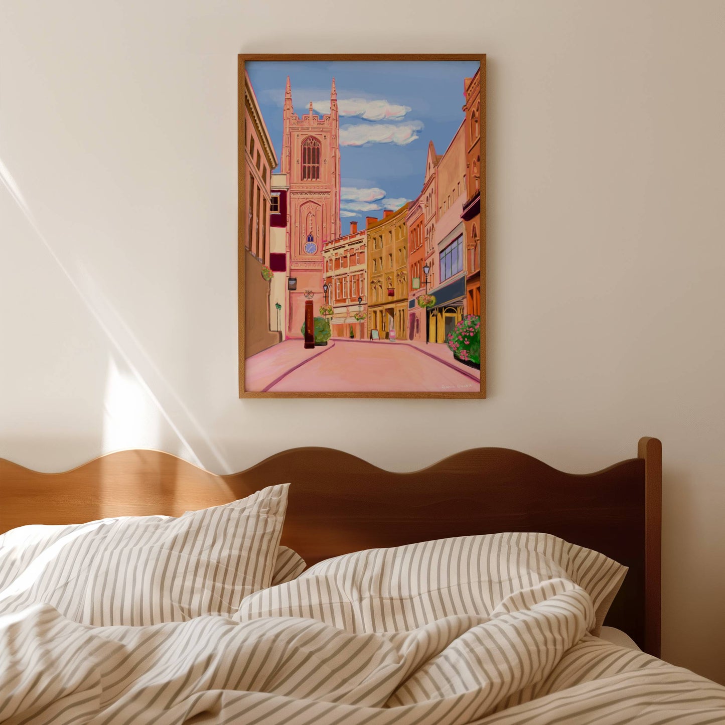 Illustration of Irongate in derby with a view at the cathedral down the street of shops. Drawn in retro colours yellow, pink, orange & blue with a soft whimsy style and vintage elements by Rebecca Elizabeth Draws.