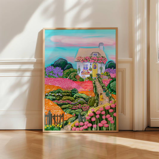 cute English cottage in the countryside with a cottagecore garden full of flowers and roses. a girl in a yellow dress is skipping down the path on the hunt for easter eggs which are dotted around the illustration. alongside her is a bunny rabbit.