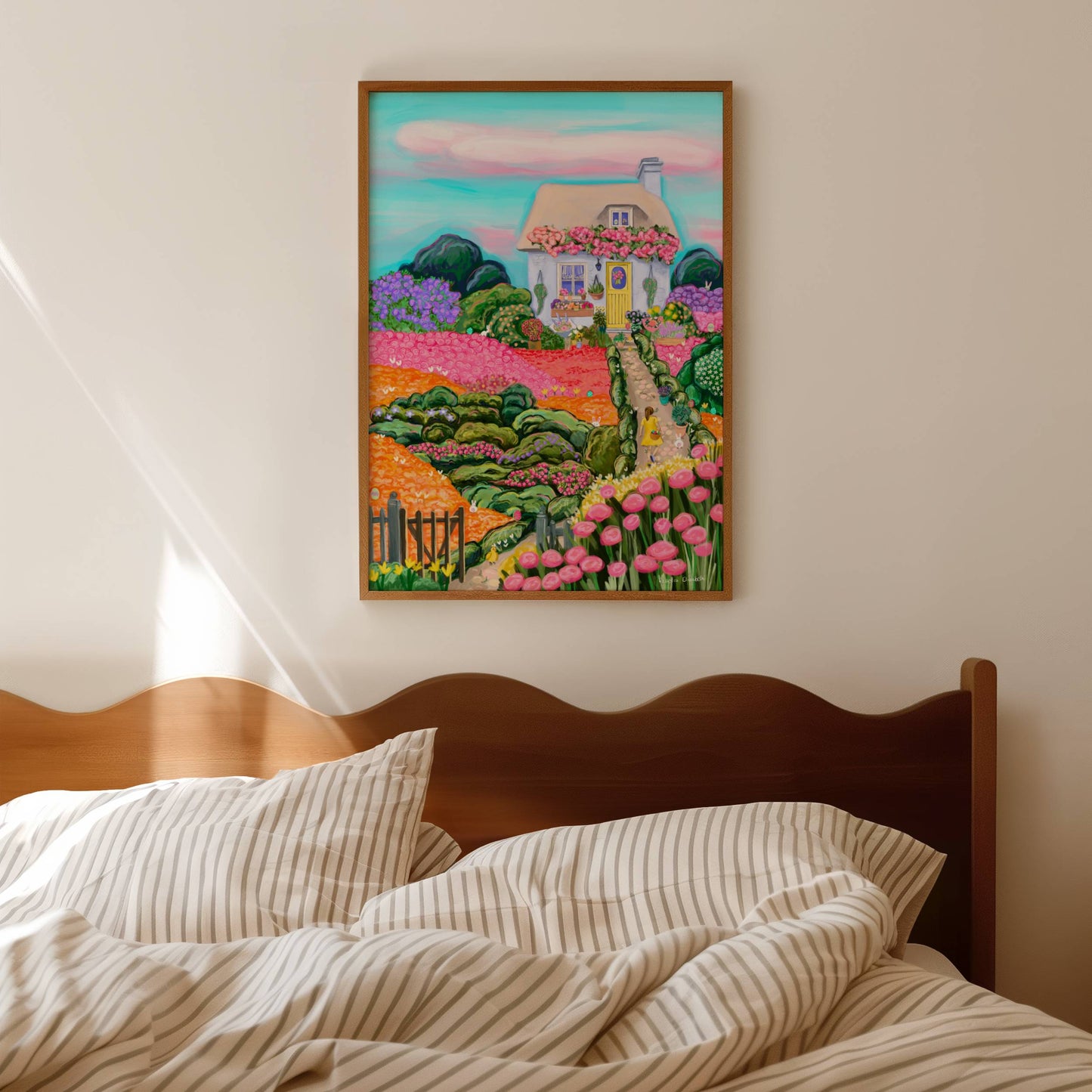 cute English cottage in the countryside with a cottagecore garden full of flowers and roses. a girl in a yellow dress is skipping down the path on the hunt for easter eggs which are dotted around the illustration. alongside her is a bunny rabbit.