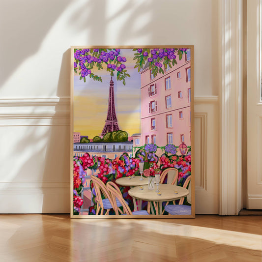 romantic valentines dinner in Paris in front of the Eiffel tower. surrounded by pink, red and purple flowers and beautiful Parisian buildings. springtime sky with yellows and blues.