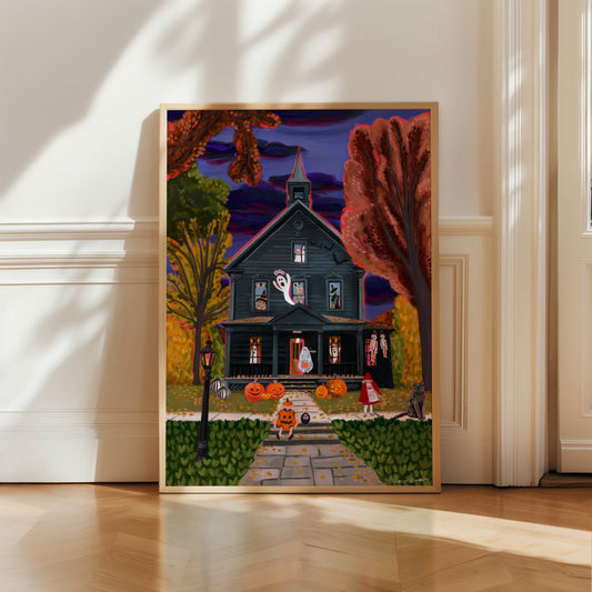 Haunted house illustration with ghosts in the windows, witches & a possessed teddy bear. Outside are trick or treaters dressed up as a ghost, pumpkin and little red riding hood ready to collect their sweets. Autumn trees surround the house & fall foliage scatters the ground.