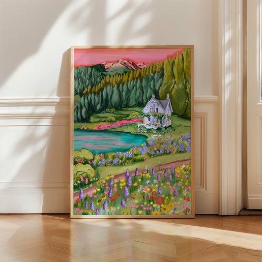 Illustration of a old baby blue house in the mountains in the middle of spring and summer with wildflowers growing all over the surrounding fields in yellow, pink and red. A small pond / lake to the left.