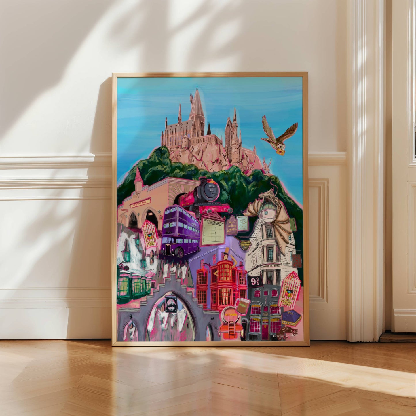 Illustration inspired by the Wizarding World of Harry Potter in Orlando Florida, with Hogwarts, hogsmeade, Hogwarts express, an owl, ollivanders, Gringotts, the knight bus & much more on a day background. This print is for all the potterheads designed by Rebecca Elizabeth draws.